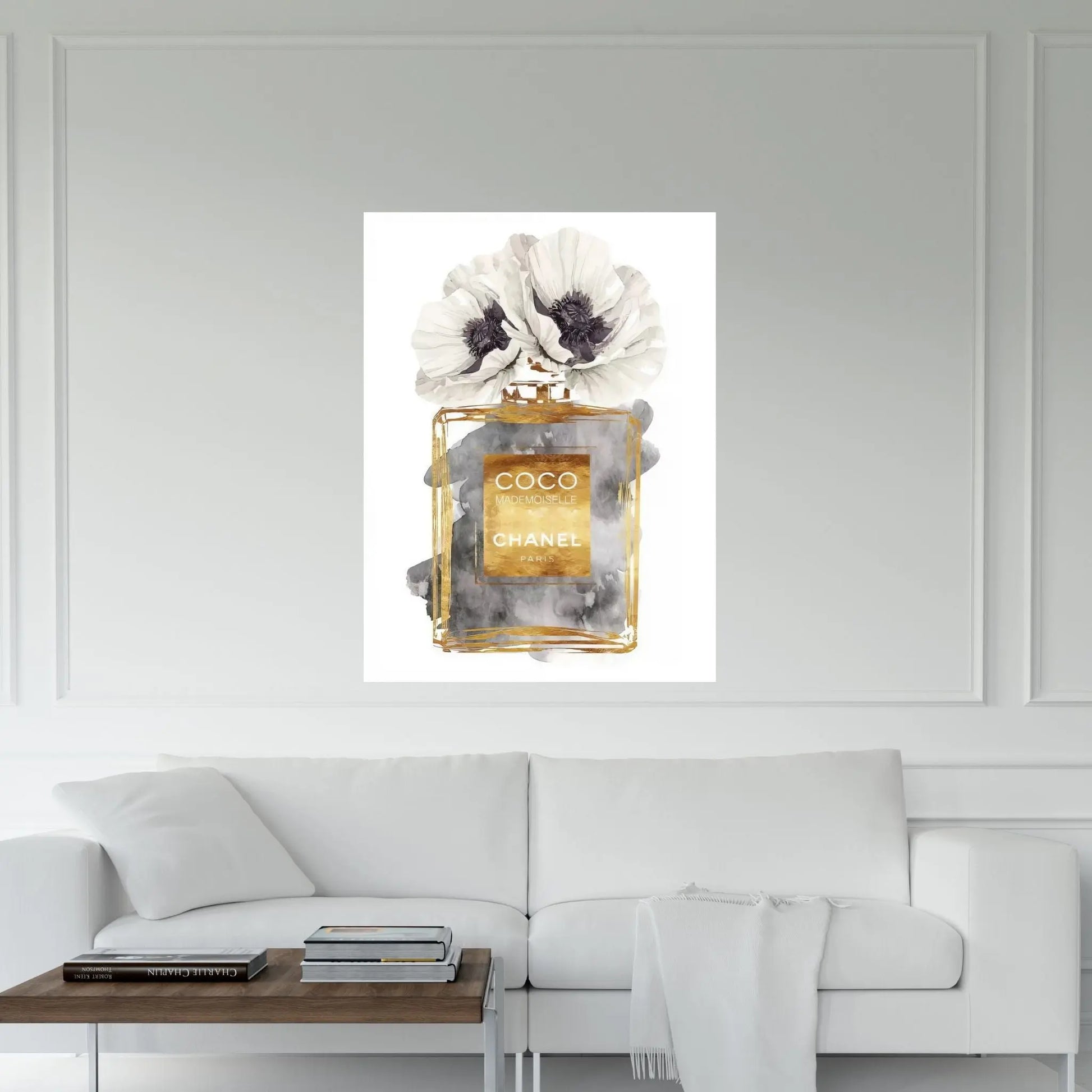 Perfume Bottle, Dark Gold With Dark Grey & White Poppy Canvas Wall Art - Y Canvas