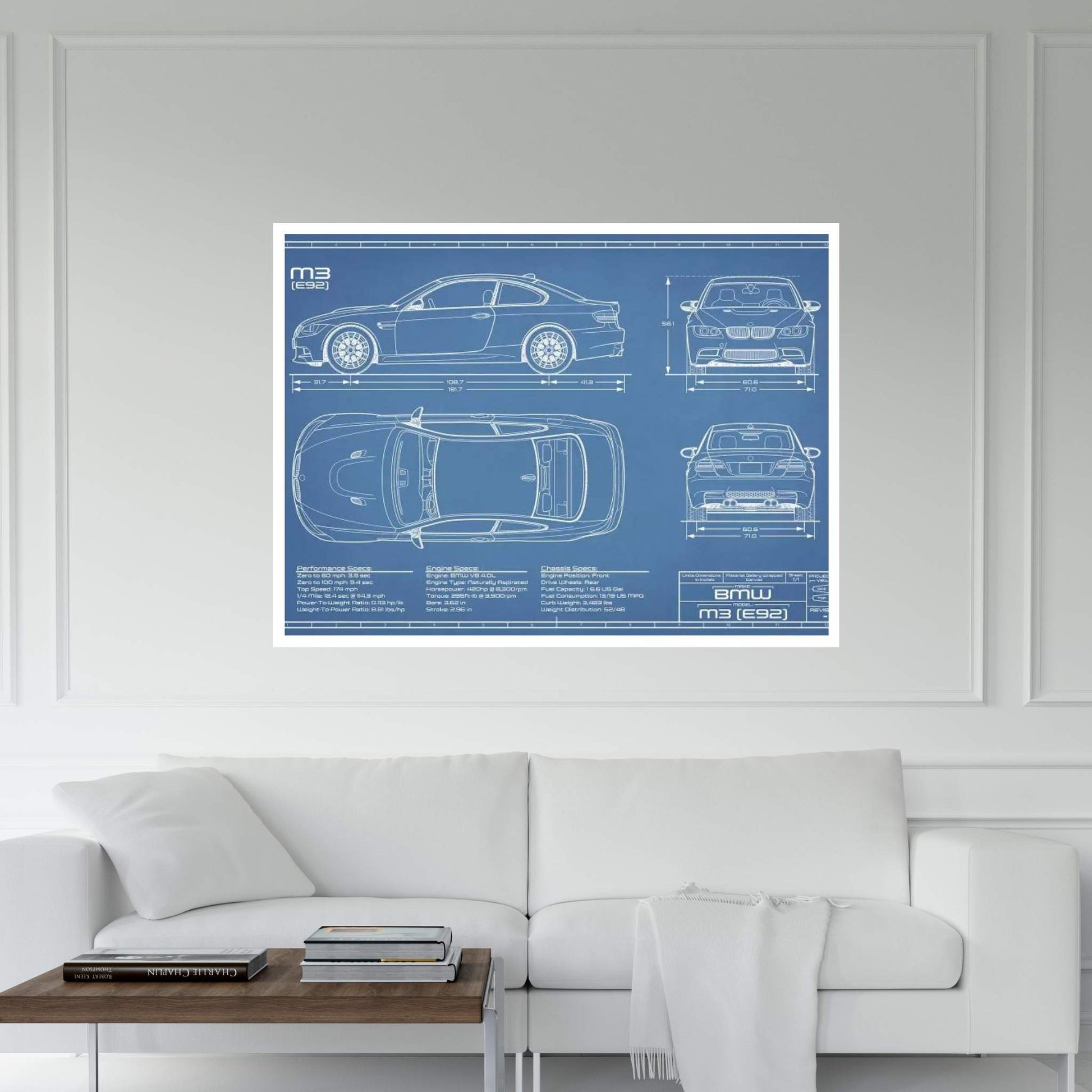 BMW M3 (E92) Blueprint Canvas Wall Art - Y Canvas