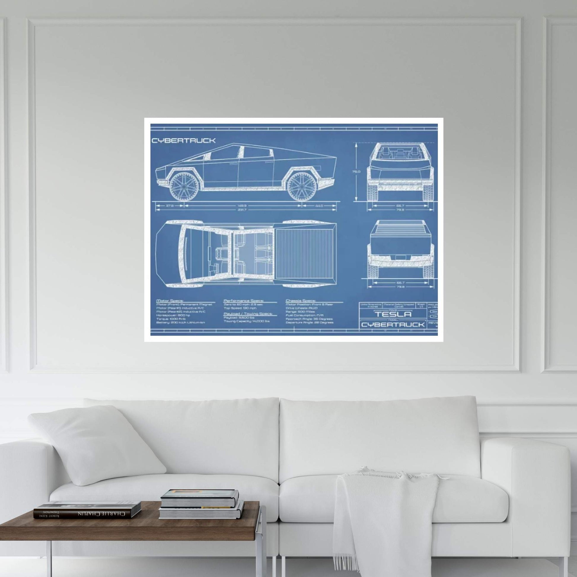 Tesla Cybertruck (2020-2022) Blueprint Canvas Wall Art - Y Canvas