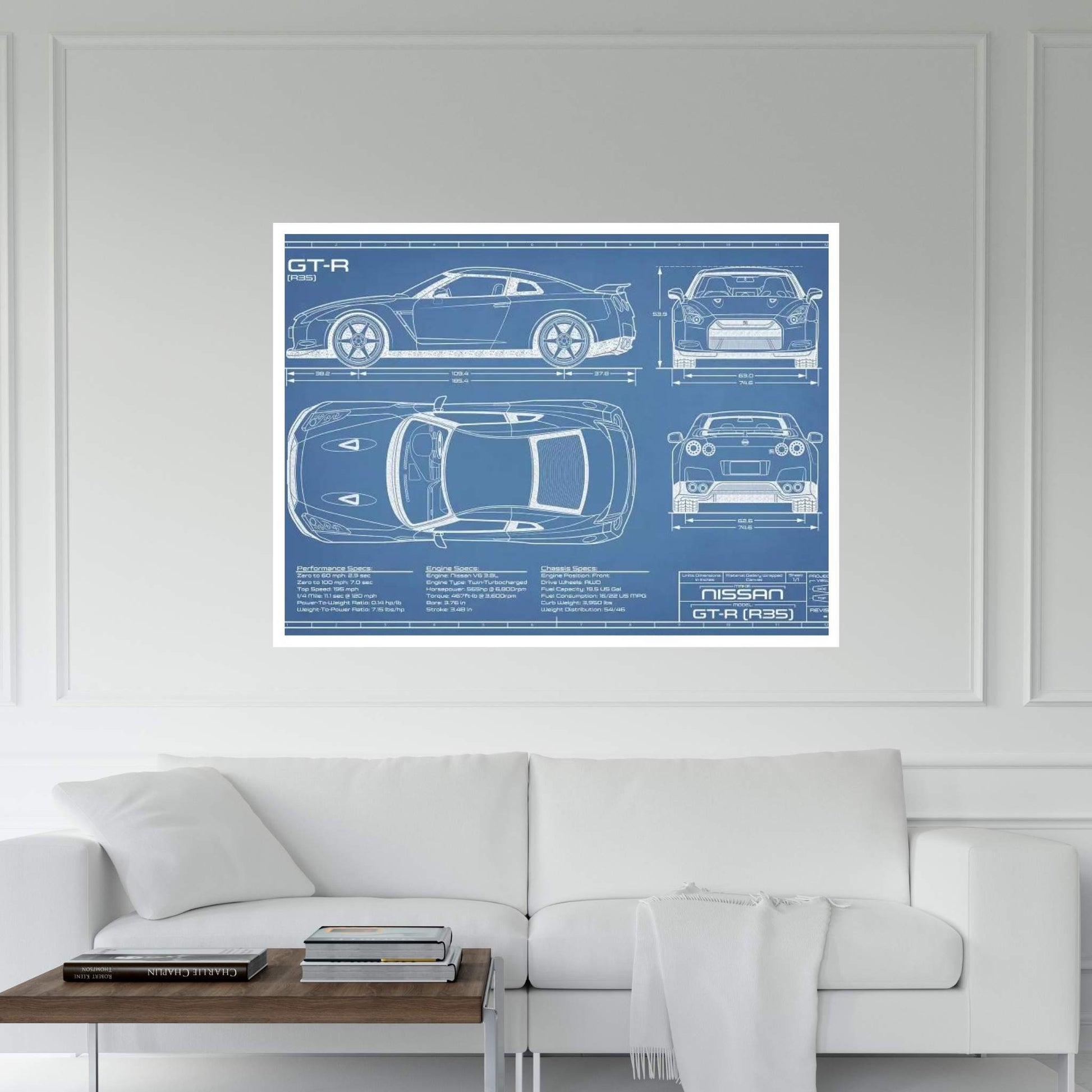 Nissan GT-R (R35) Skyline Blueprint Canvas Wall Art - Y Canvas