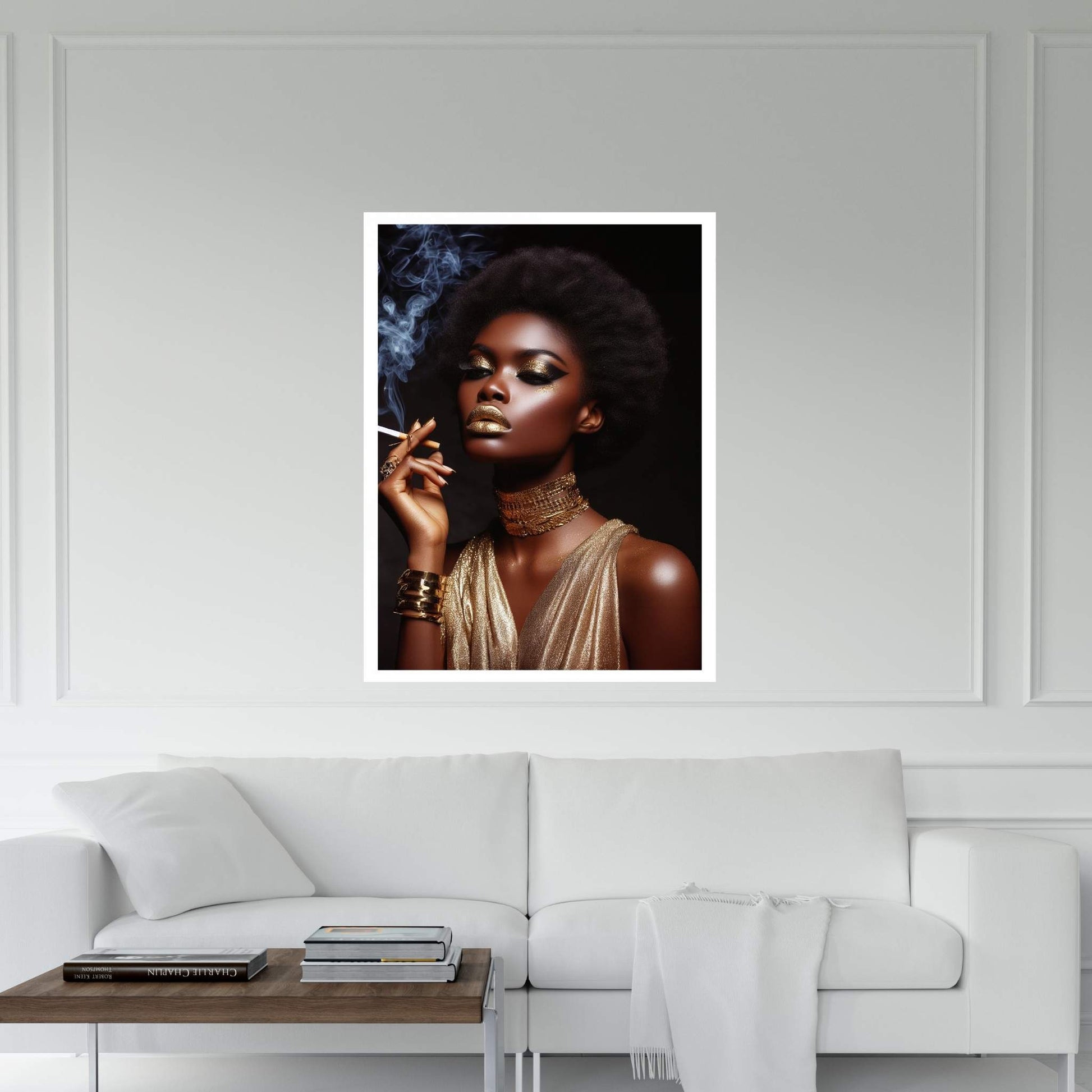 African Black Woman Gold Make-up Smoke Canvas Portrait Canvas Wall Art - Y Canvas