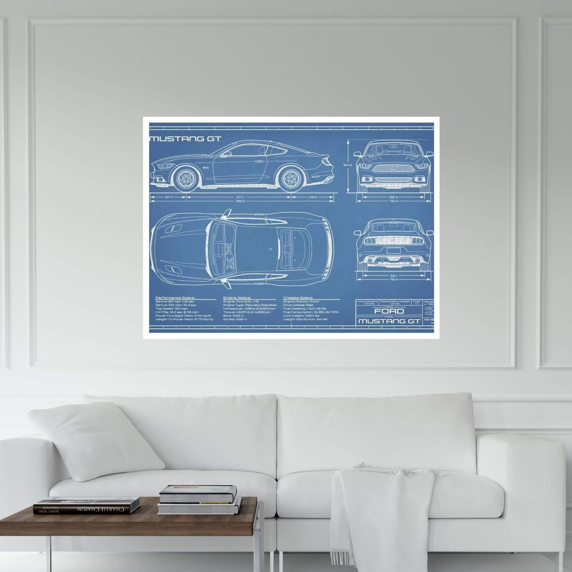 Mustang GT (2015-2017) Blueprint Canvas Wall Art - Y Canvas