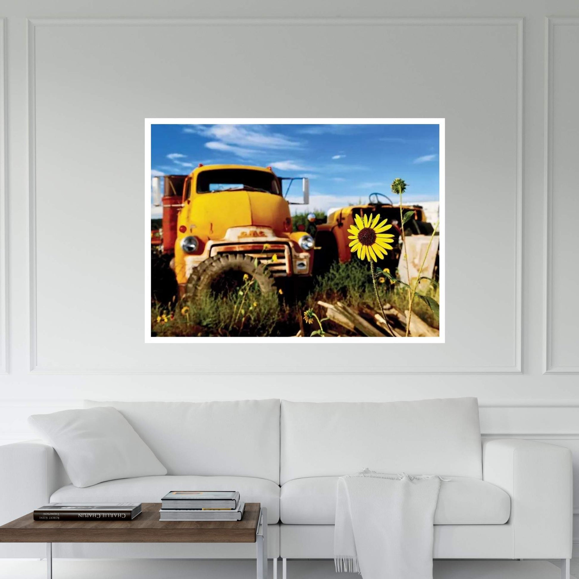 Yellow Daisy With Truck Canvas Wall Art - Y Canvas