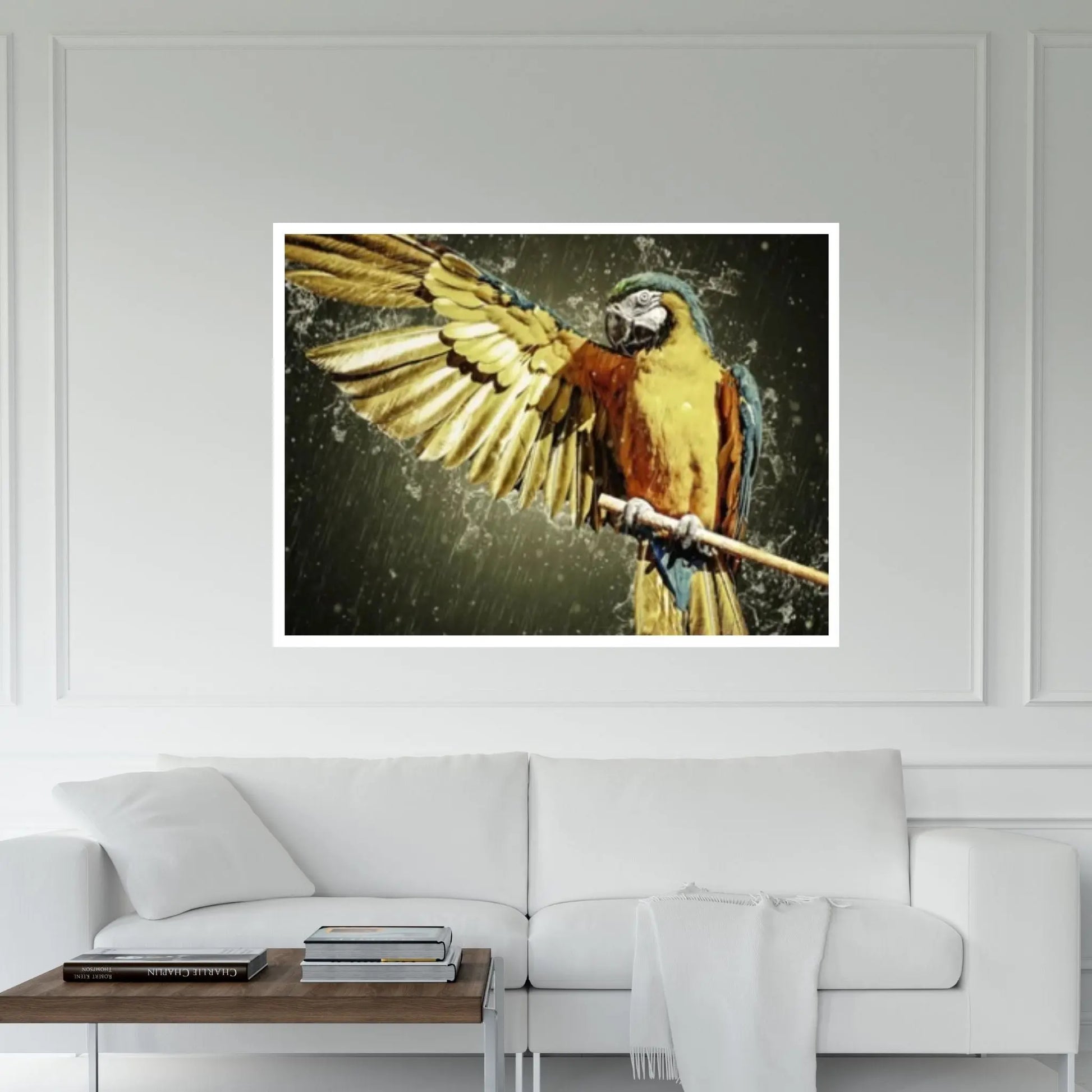 Yellow Colored Parrot Getting Wet in the Rain Canvas Wall Art, Animal Kingdom Poster - Y Canvas