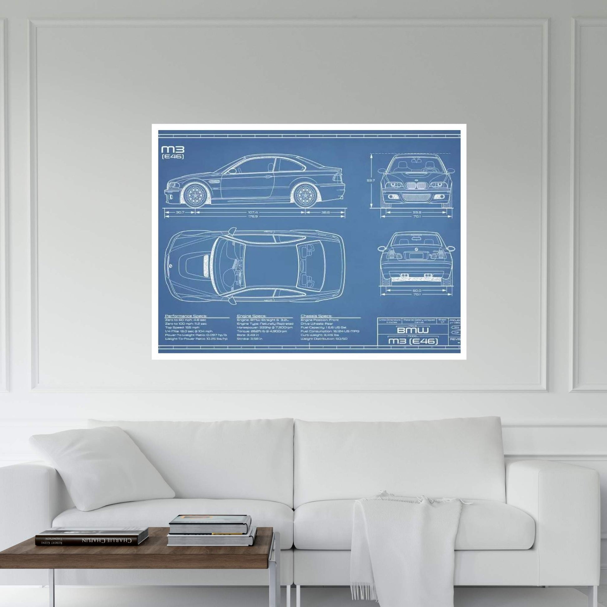 BMW M3 (E46) Blueprint Canvas Wall Art - Y Canvas