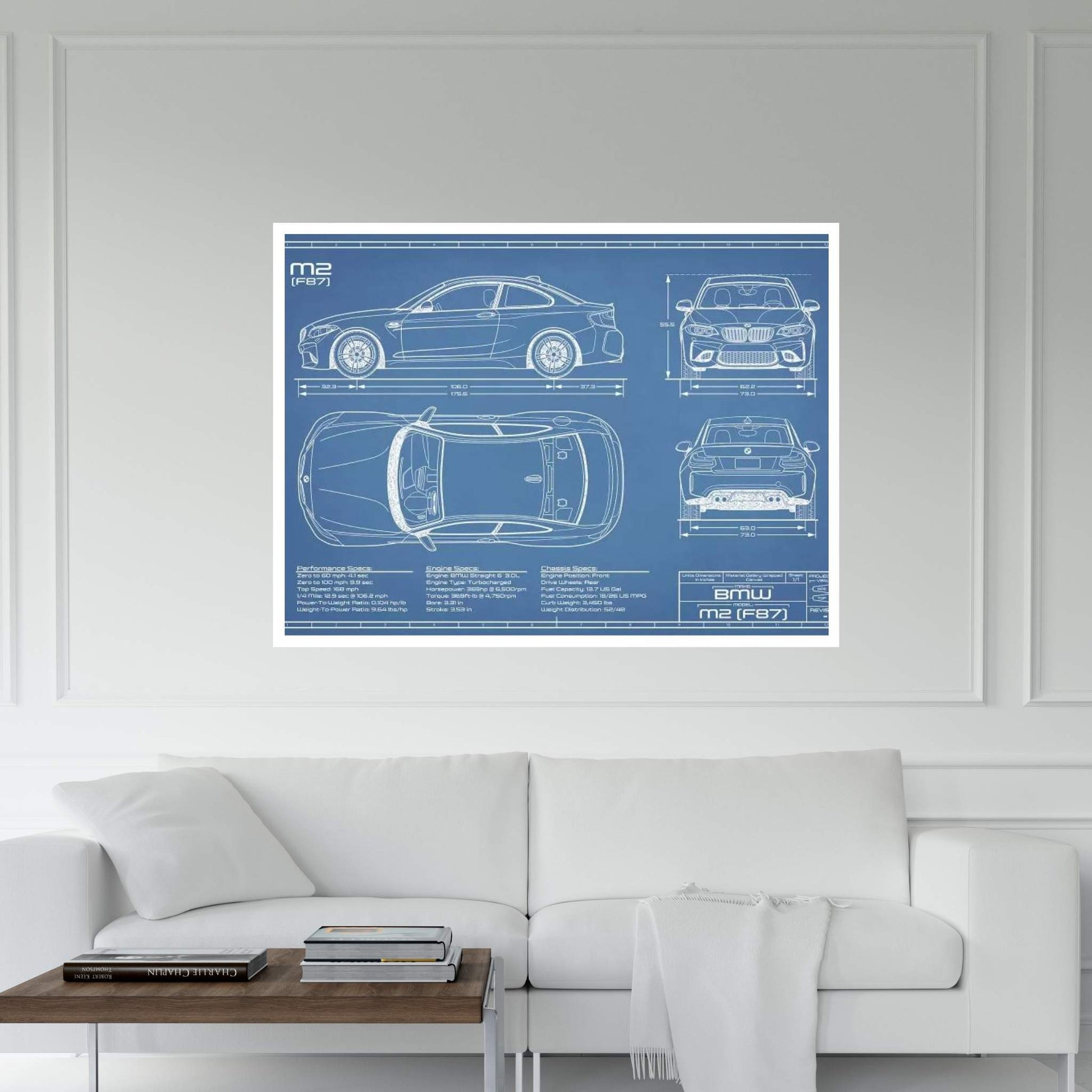 BMW M2 (F87) Blueprint Canvas Wall Art - Y Canvas