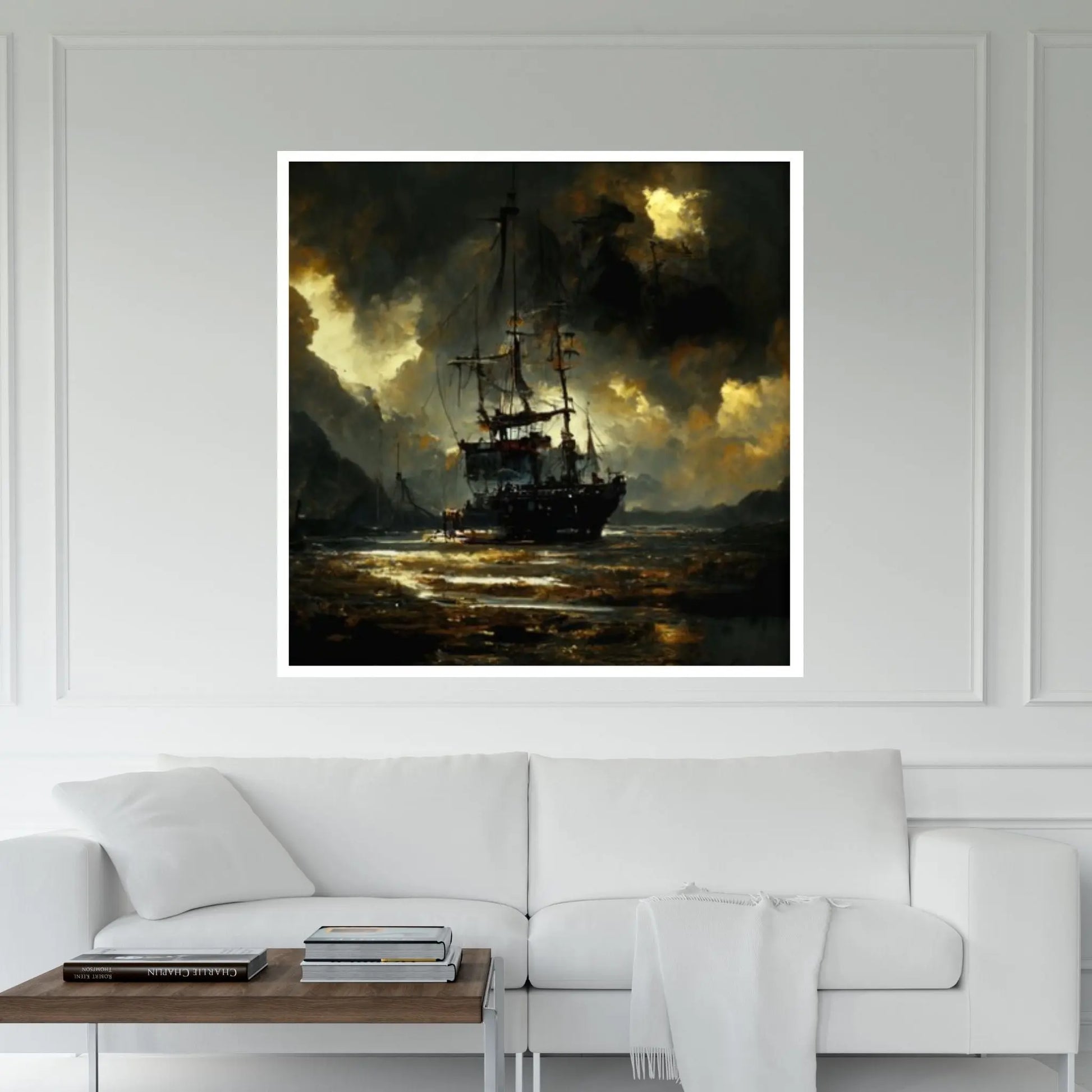 Large Dark Sea Pirates Ship Canvas Wall Art, Pirates Canvas Wall Print, Corsair on Sea Wall Hangings, Dark Colours Boat Room Decor - Y Canvas