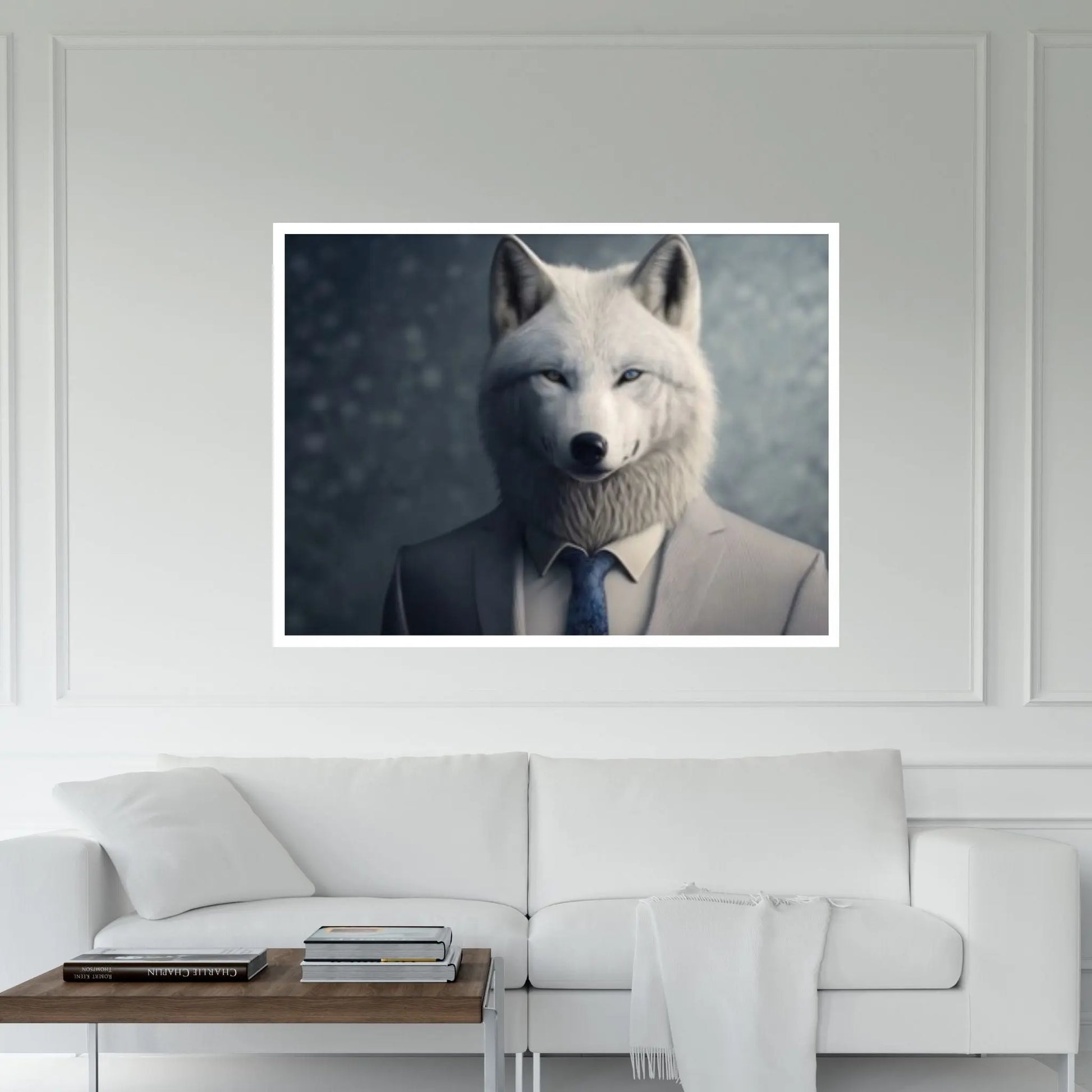 Wolf Canvas Wall Art - Portrait of a white wolf dressed in a formal business suit - Y Canvas