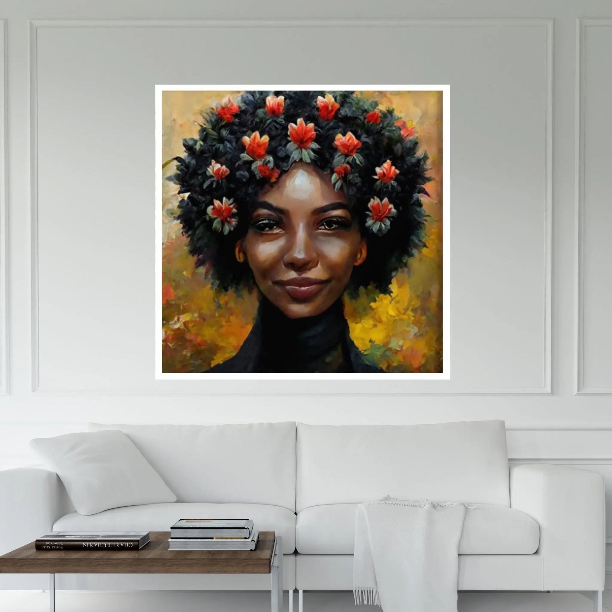 Black woman head flowers Canvas wall art,Black art, Black girl print, flower woman painting, Girl Flowers Poster - Y Canvas