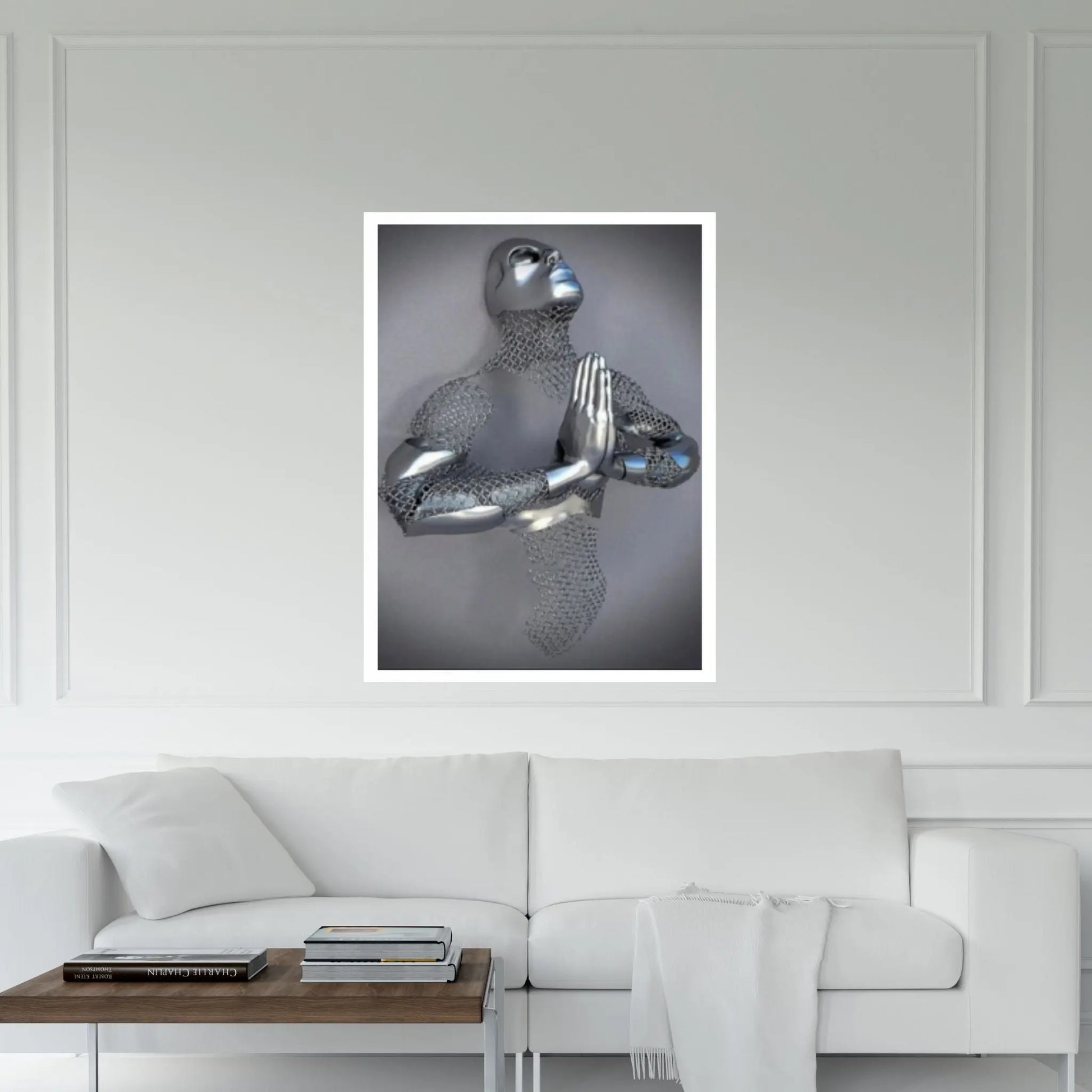 Praying Chain Grey Art Print on Canvas, Metallic Wall Art Canvas - Y Canvas