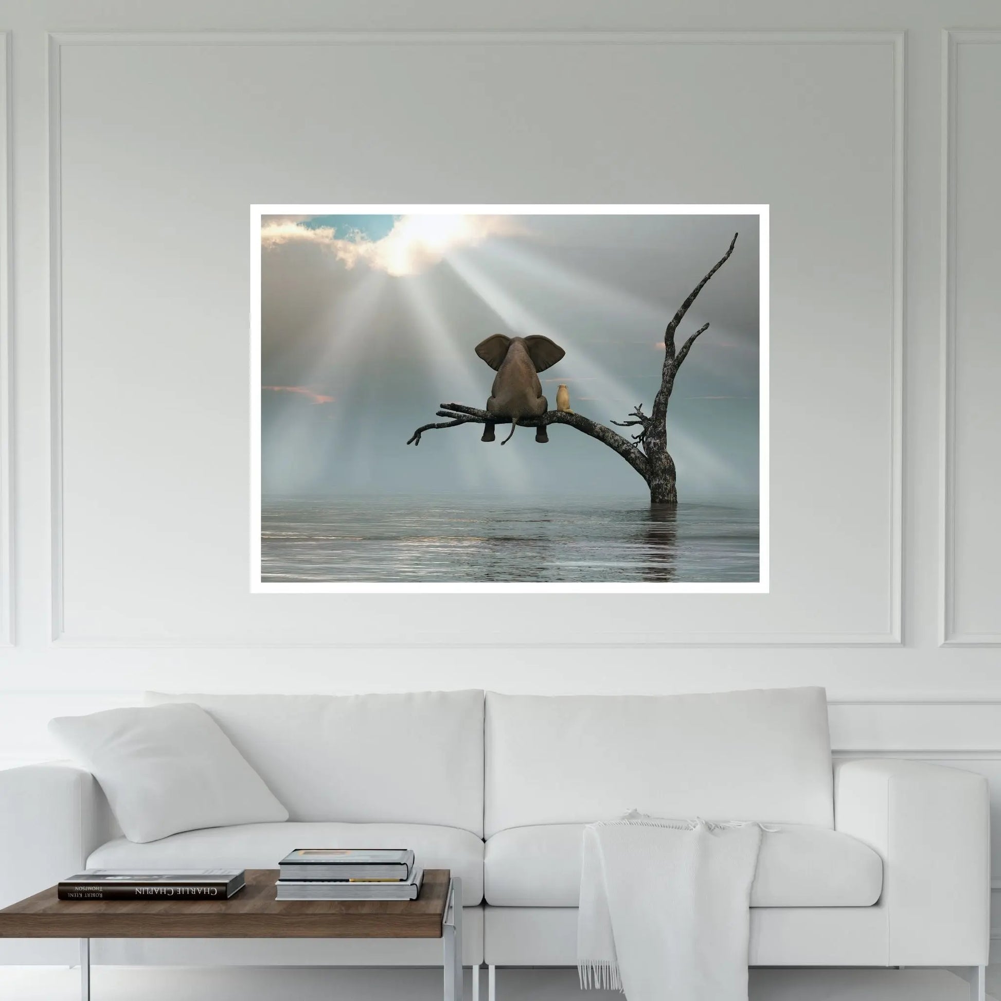 Elephant And Dog Are Sitting On A Tree Fleeing A Flood Canvas Wall Art - Y Canvas