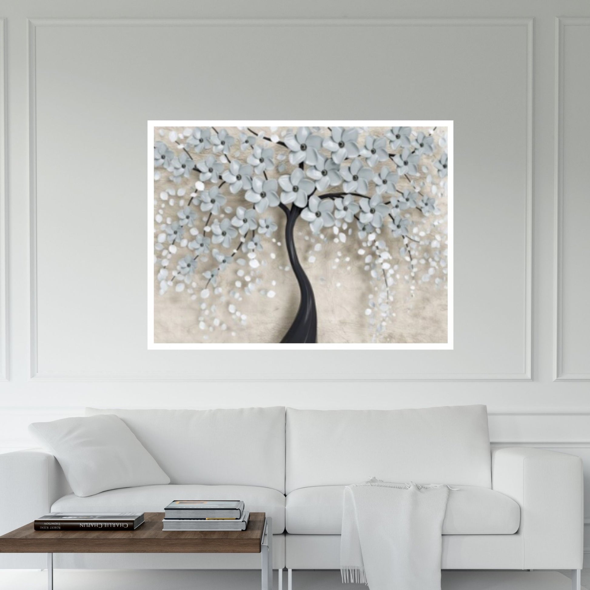 3D Tree With White Flowers Oil Painting On Canvas, White Cherry Flower, Large Wall Art, Palette Knife Painting - Y Canvas