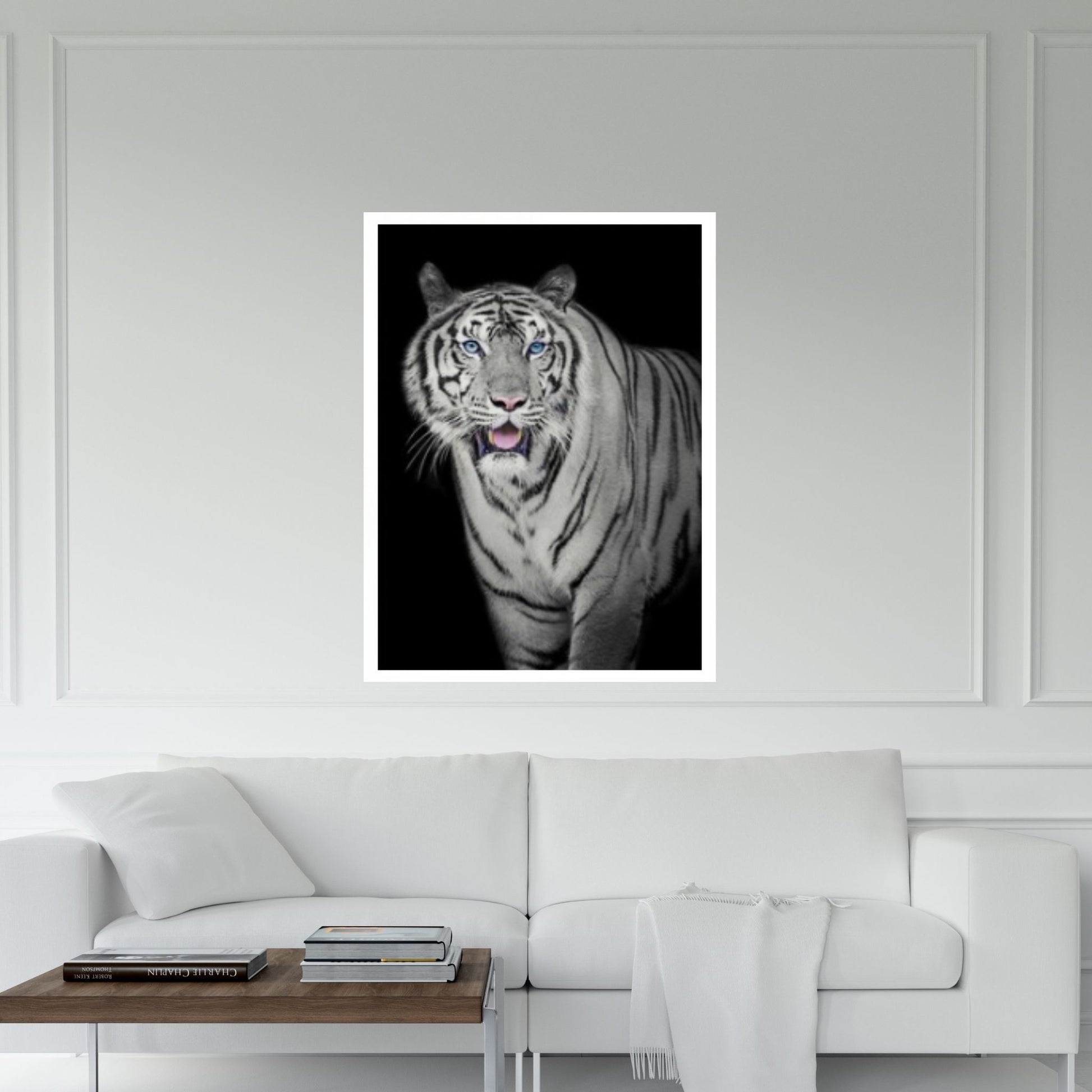 African Lion Canvas Wall Art, Black and white blue eyes lion Canvas Print - Y Canvas