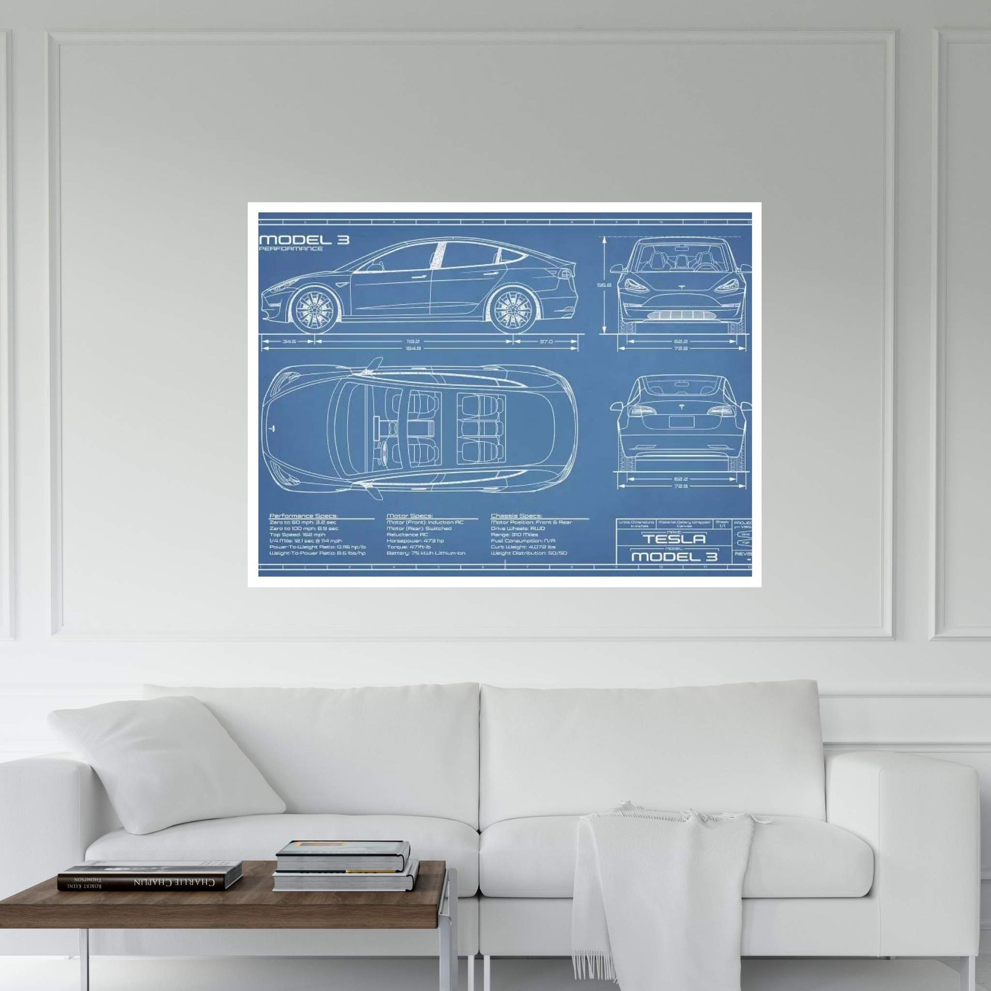 Tesla Model 3 (Performance) Blueprint Canvas Wall Art - Y Canvas