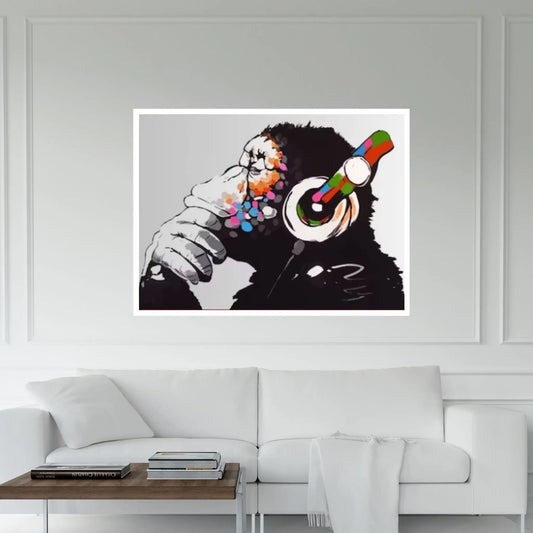 Monkey Headphones Canvas Wall Art, Thinking Monkey DJ, Banksy Monkey - Y Canvas