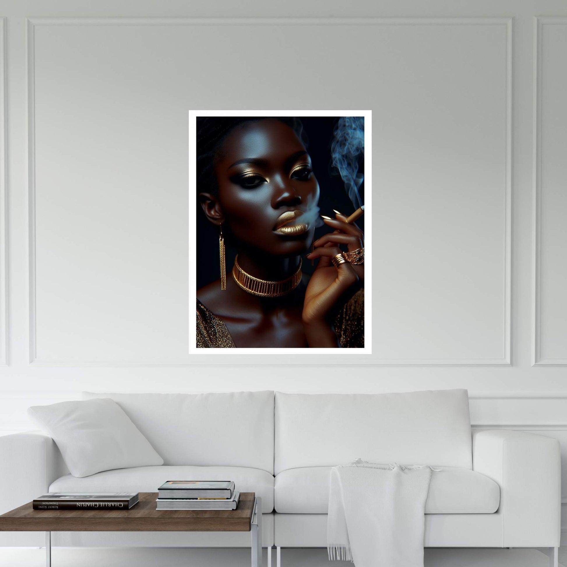 African Black Woman Gold Make-up Smoke Canvas Portrait Canvas Wall Art - Y Canvas