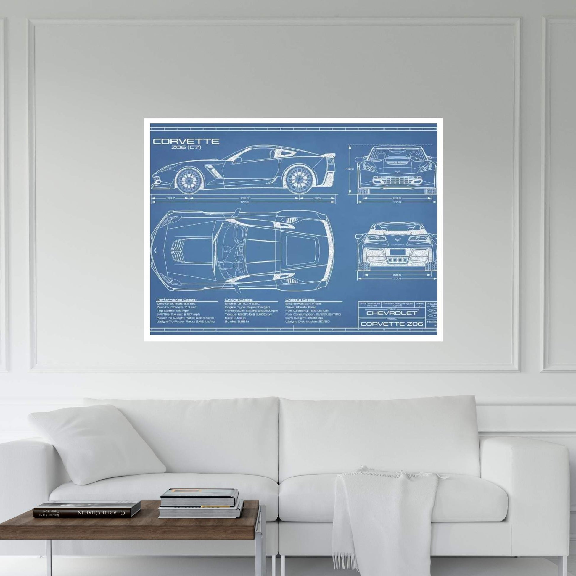 Corvette (C7) Z06 Blueprint Canvas Wall Art - Y Canvas