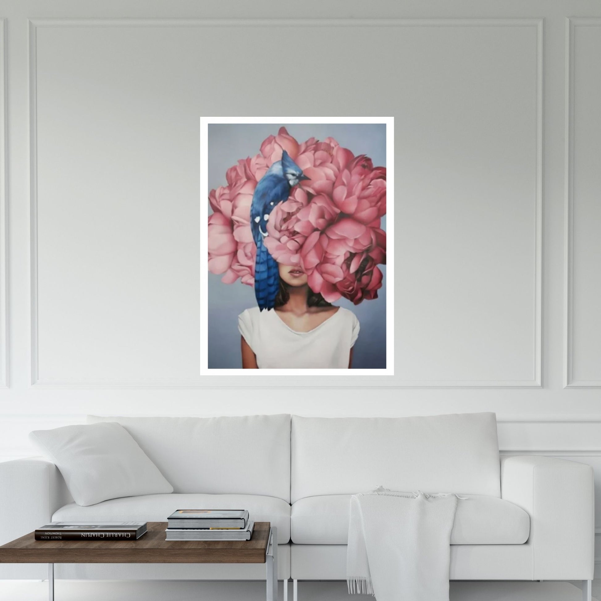 Pink Floral Woman Canvas Art, Blue Bird And Woman Wall Art, Woman with Flower and Bird Head - Y Canvas