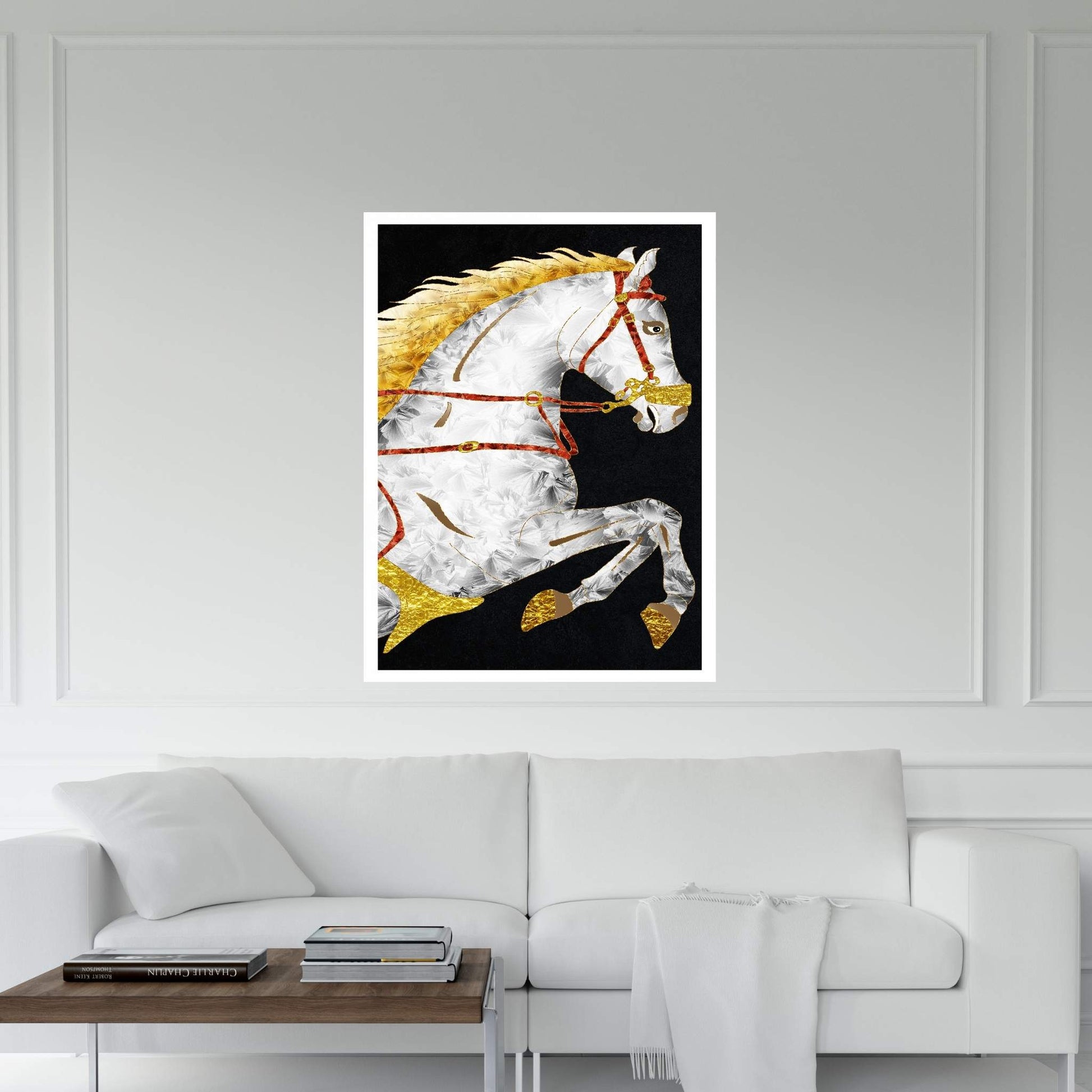 Abstract Modern White Horse with Golden Hair Canvas Wall Art - Y Canvas