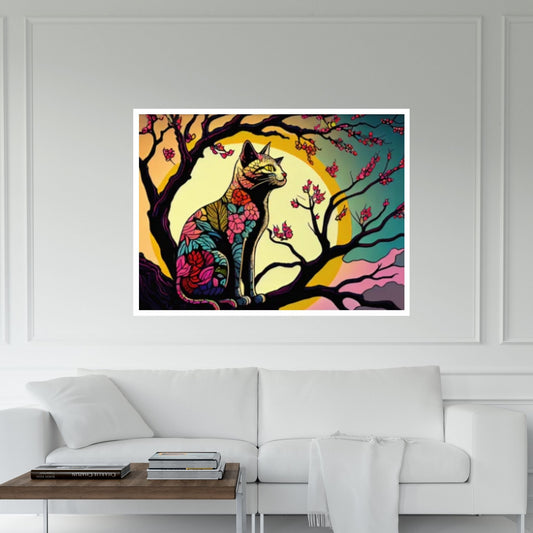 Cat Animal Canvas - Rainbow Cat- Japanese Cherry Tree - Picasso Style - Y Canvas