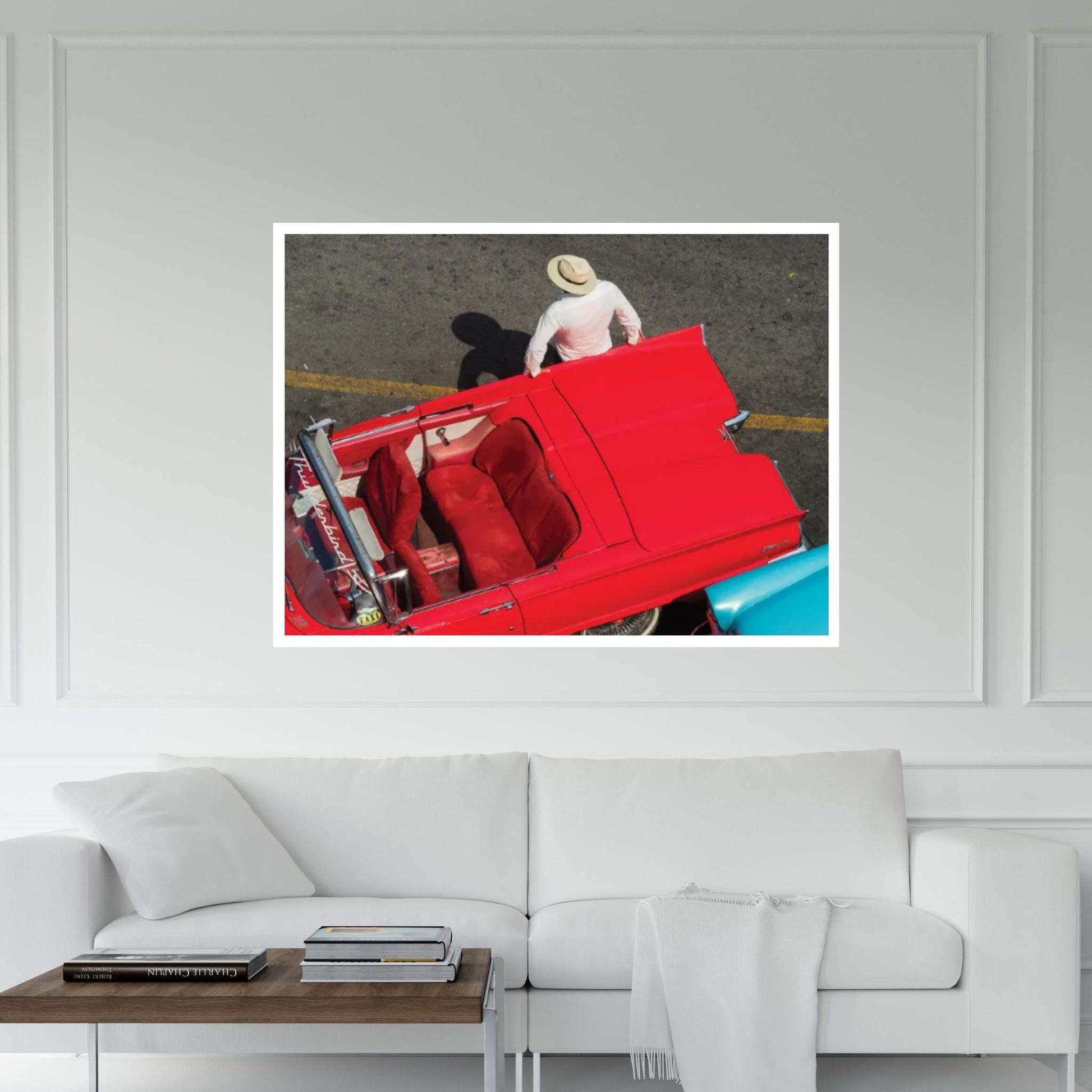 Cuba, Havana, Havana Vieja (Old Havana), red classic convertible and driver, viewed from above Canvas Wall Art - Y Canvas