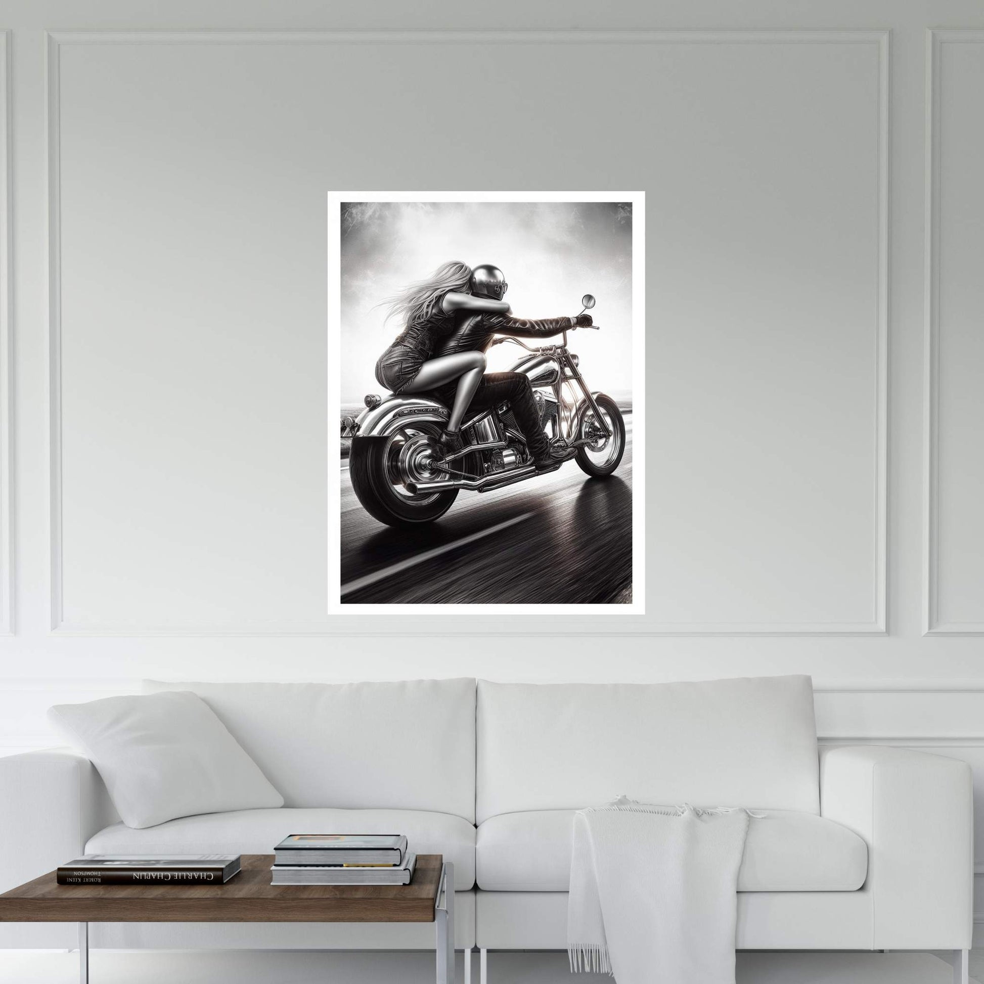 Metallic Couple Eiding A Motorcycle Canvas Wall Art - Y Canvas