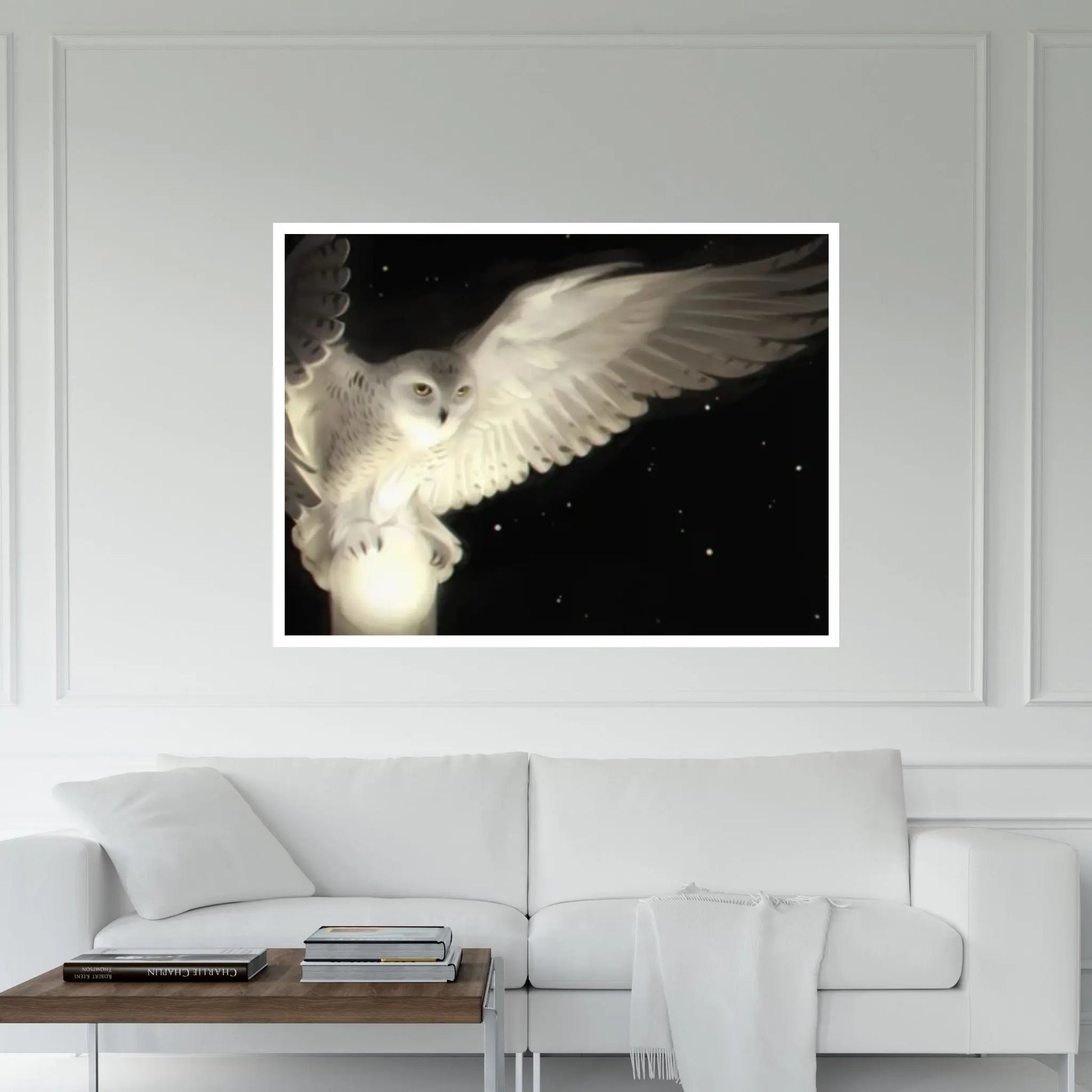 White Owl in Flight Canvas Wall Art - Y Canvas