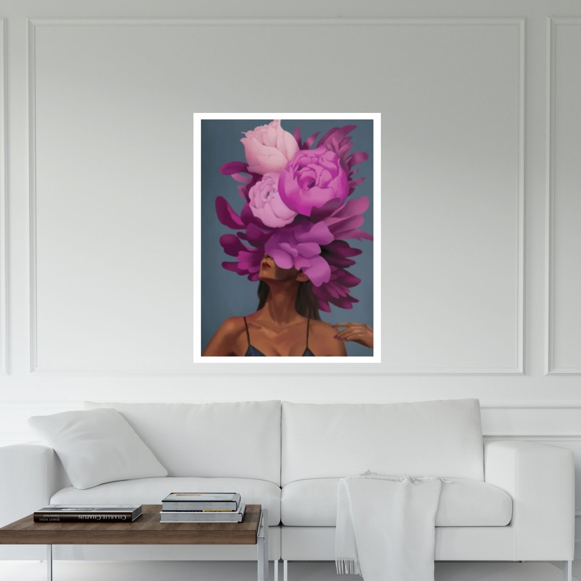 Purple Floral Woman Canvas Art, Blue Bird And Woman Wall Art, Woman with Flower and Bird Head - Y Canvas