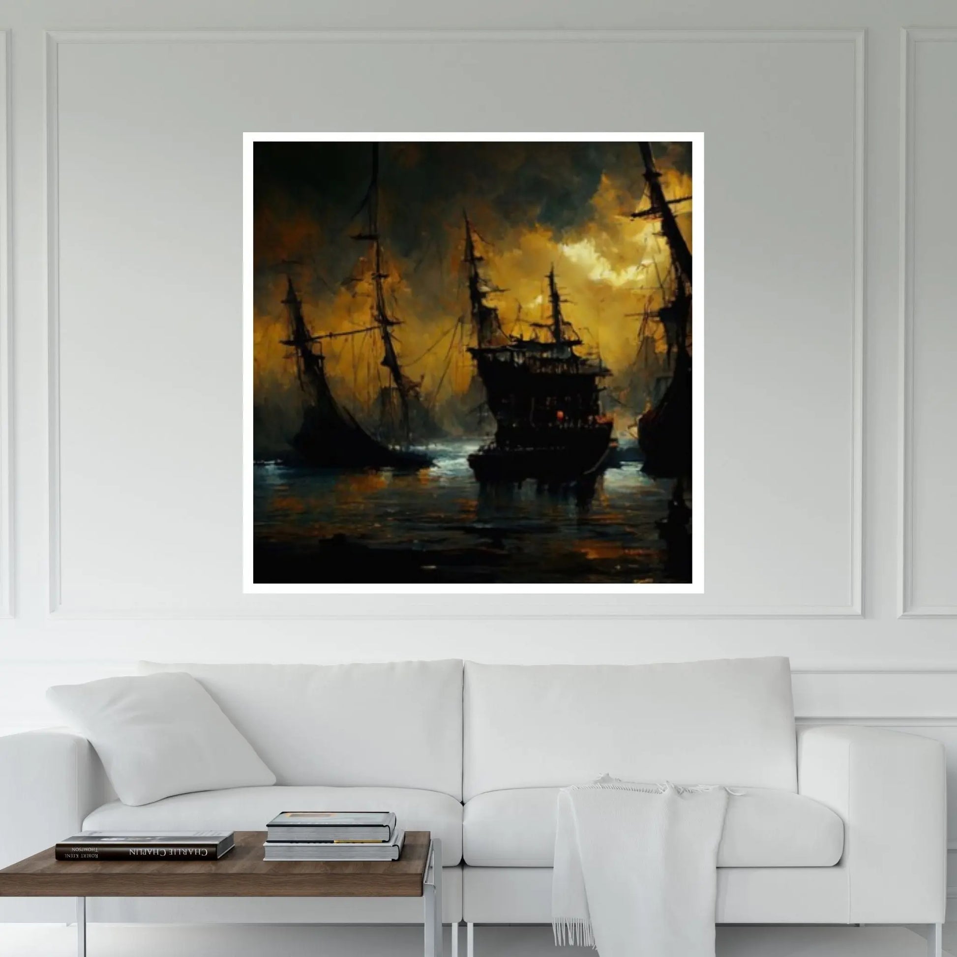 Large Dark Sea Pirates Ship Canvas Wall Art, Pirates Canvas Wall Print, Corsair on Sea Wall Hangings, Dark Colours Boat Room Decor - Y Canvas