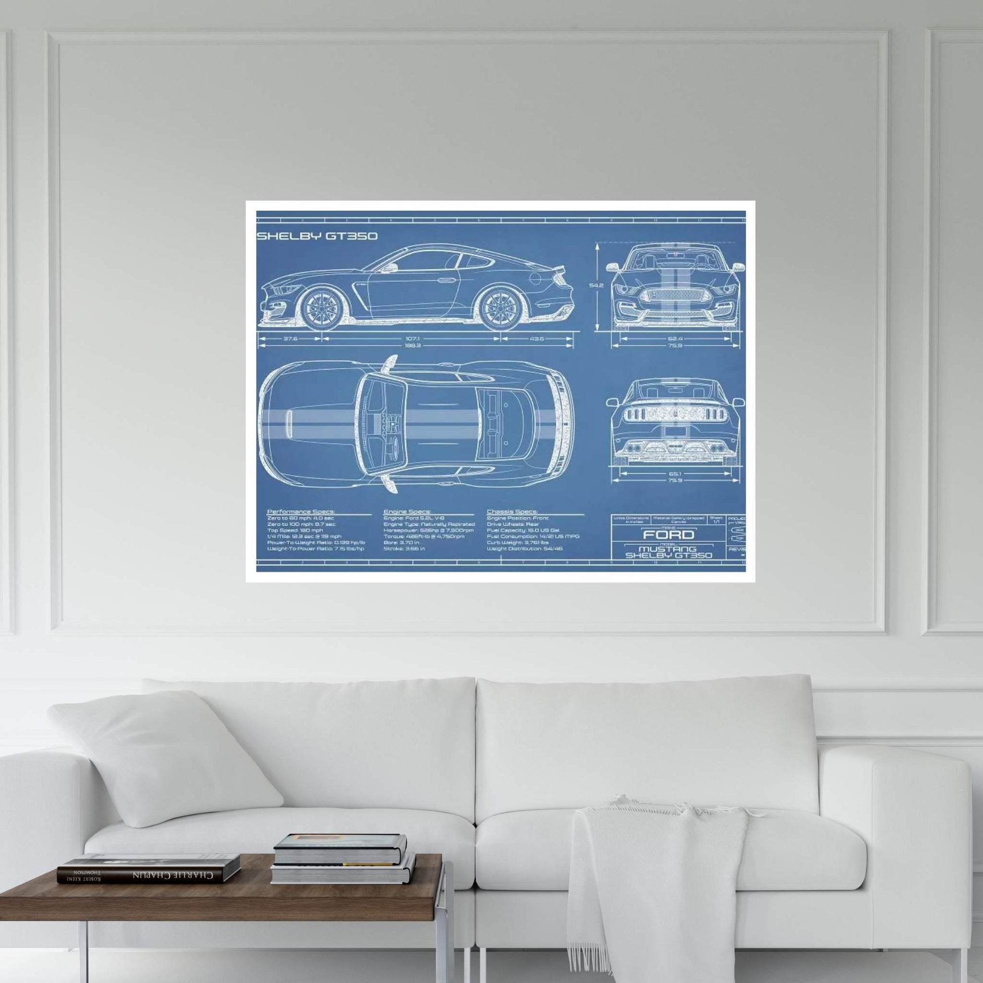 Shelby GT350 (2015-2019) Blueprint Canvas Wall Art - Y Canvas