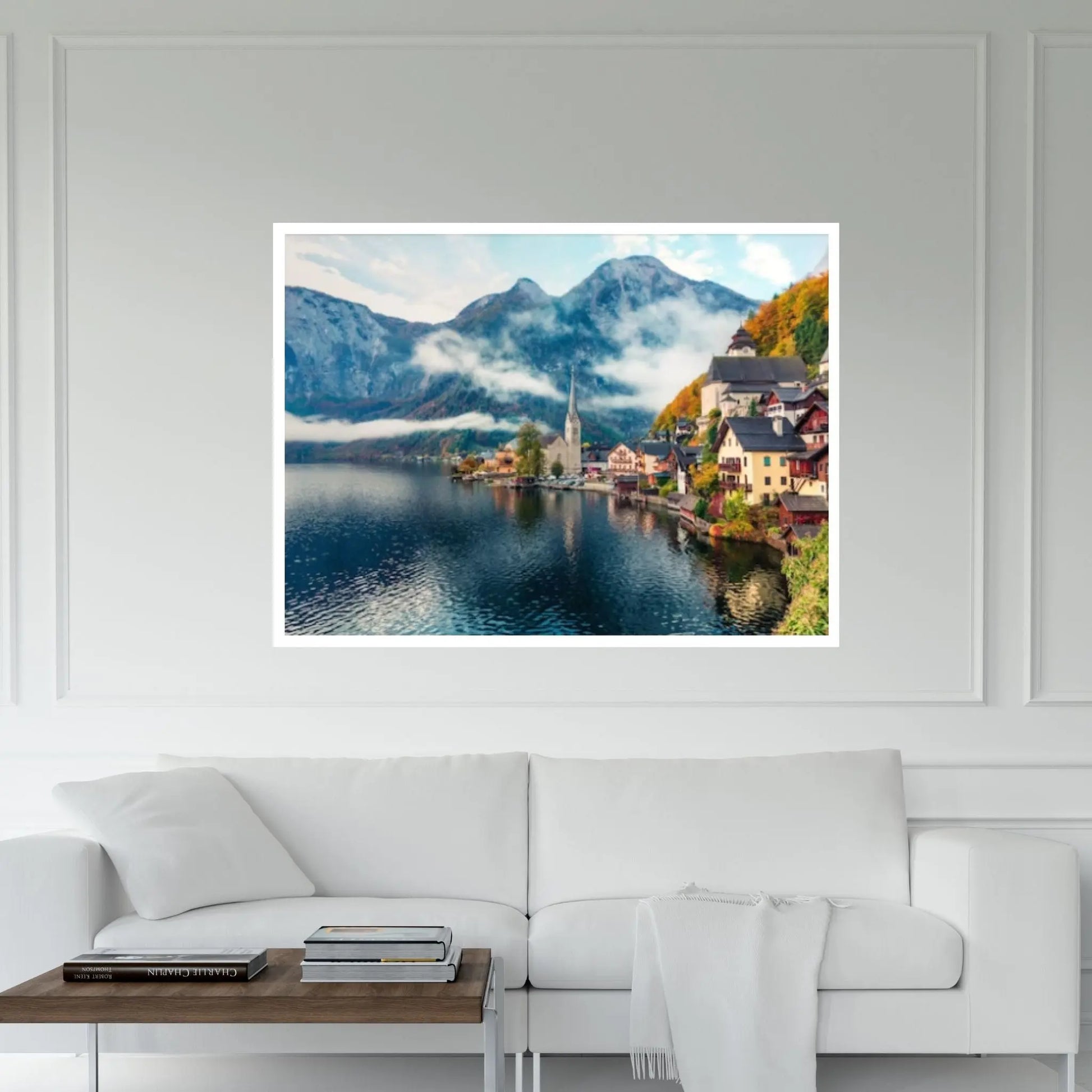 Austria Landscape Canvas Wall Art Misty autumn scene of Hallstatt Lake, Austria's mountainous Salzkammergut - Y Canvas