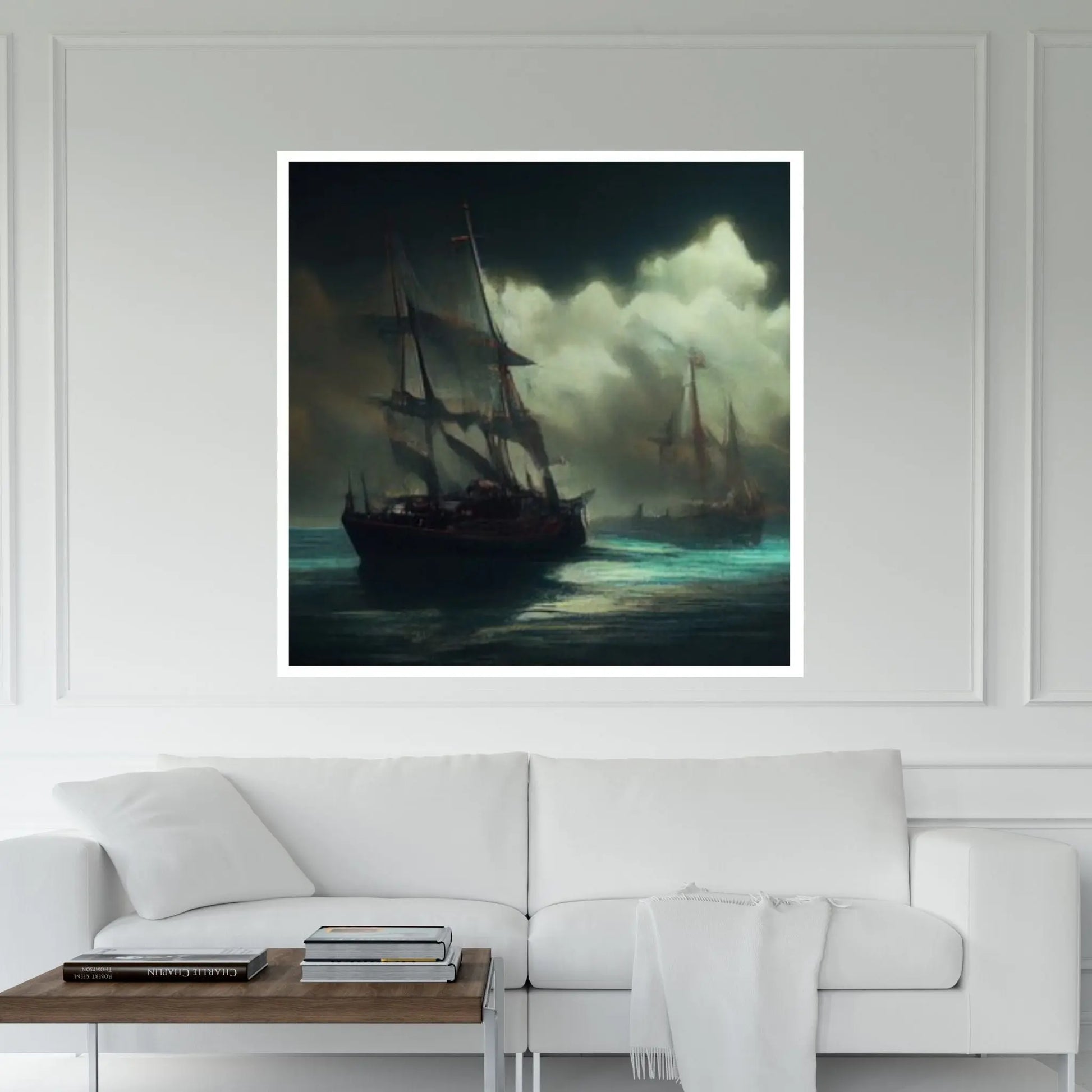 Large Dark Sea Pirates Ship Canvas Wall Art, Pirates Canvas Wall Print, Corsair on Sea Wall Hangings, Dark Colours Boat Room Decor - Y Canvas