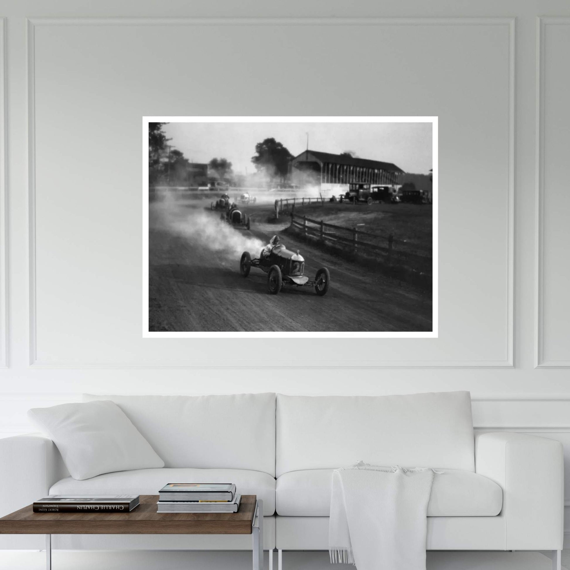 1930s Auto Race On Dirt Track With Cars Going Around Turn Kicking Up Dust Canvas Wall Art - Y Canvas