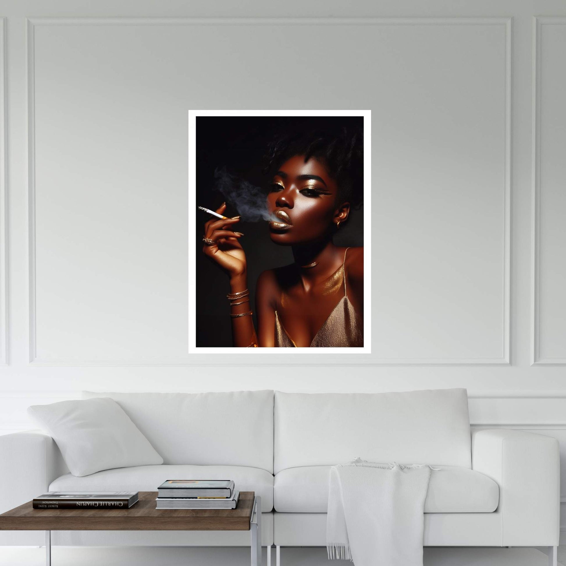 African Black Woman Gold Make-up Smoke Canvas Portrait Canvas Wall Art - Y Canvas