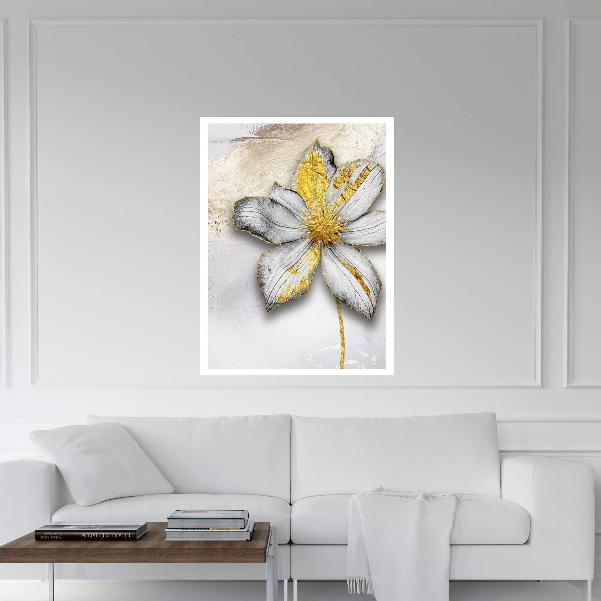 White Flower with Gold Detail Modern Abstract Canvas Wall Art - Y Canvas