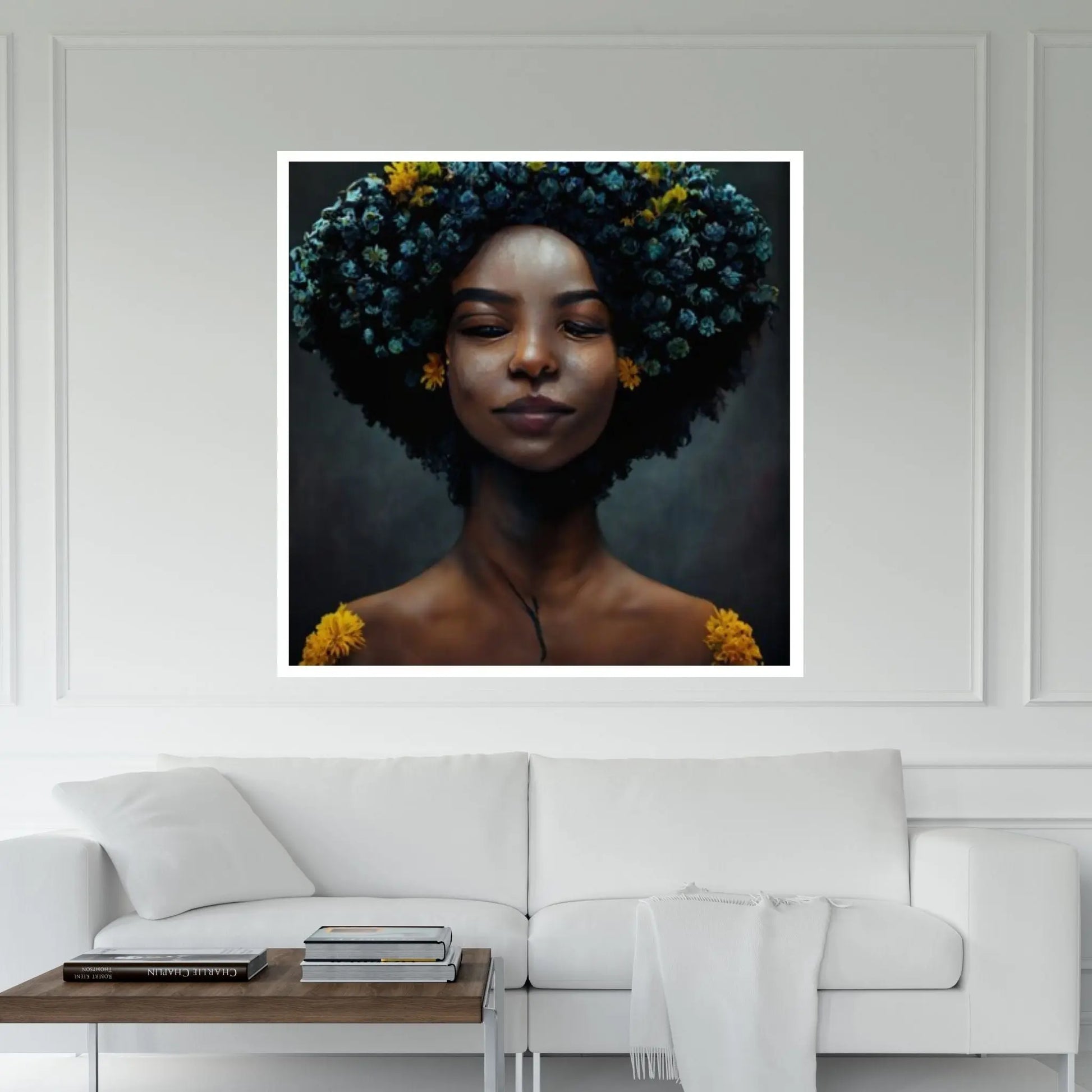 Black woman head flowers Canvas wall art,Black art, Black girl print, flower woman painting, Girl Flowers Poster - Y Canvas