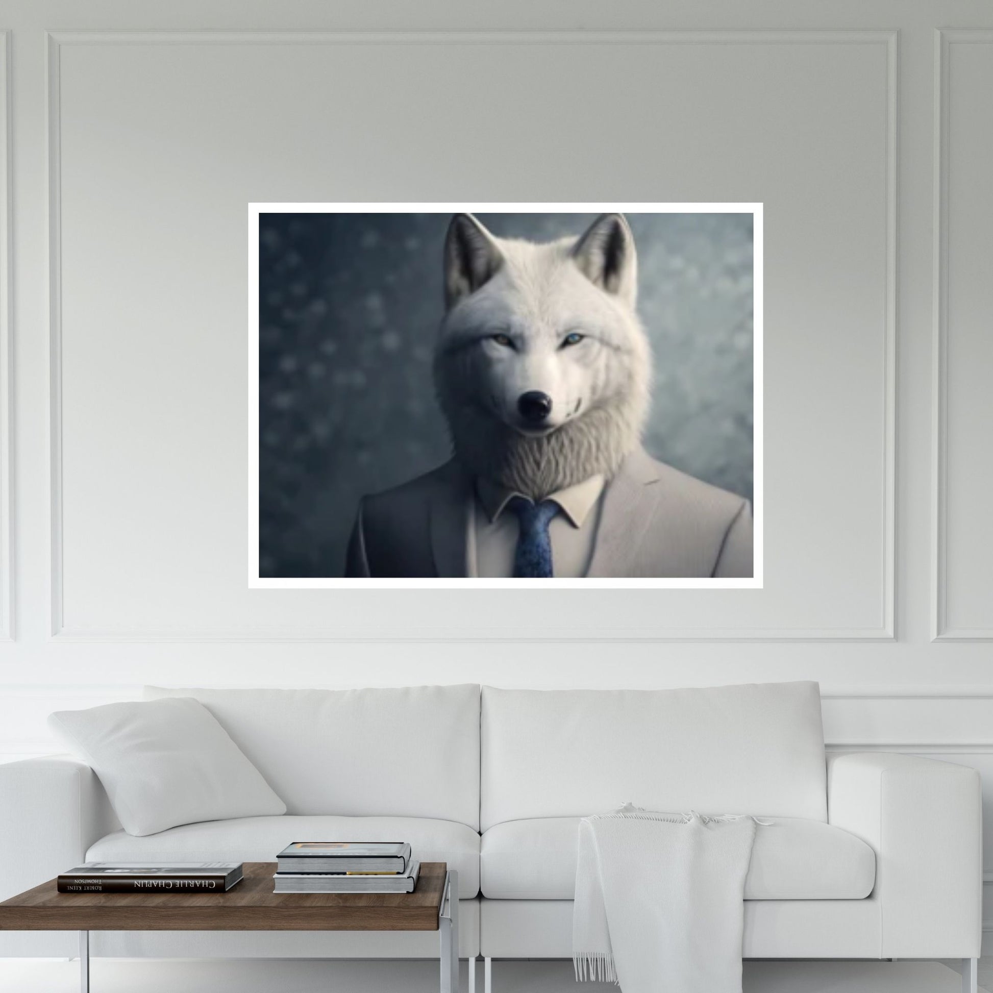 Wolf Canvas Wall Art - Portrait of a white wolf dressed in a formal business suit - Y Canvas