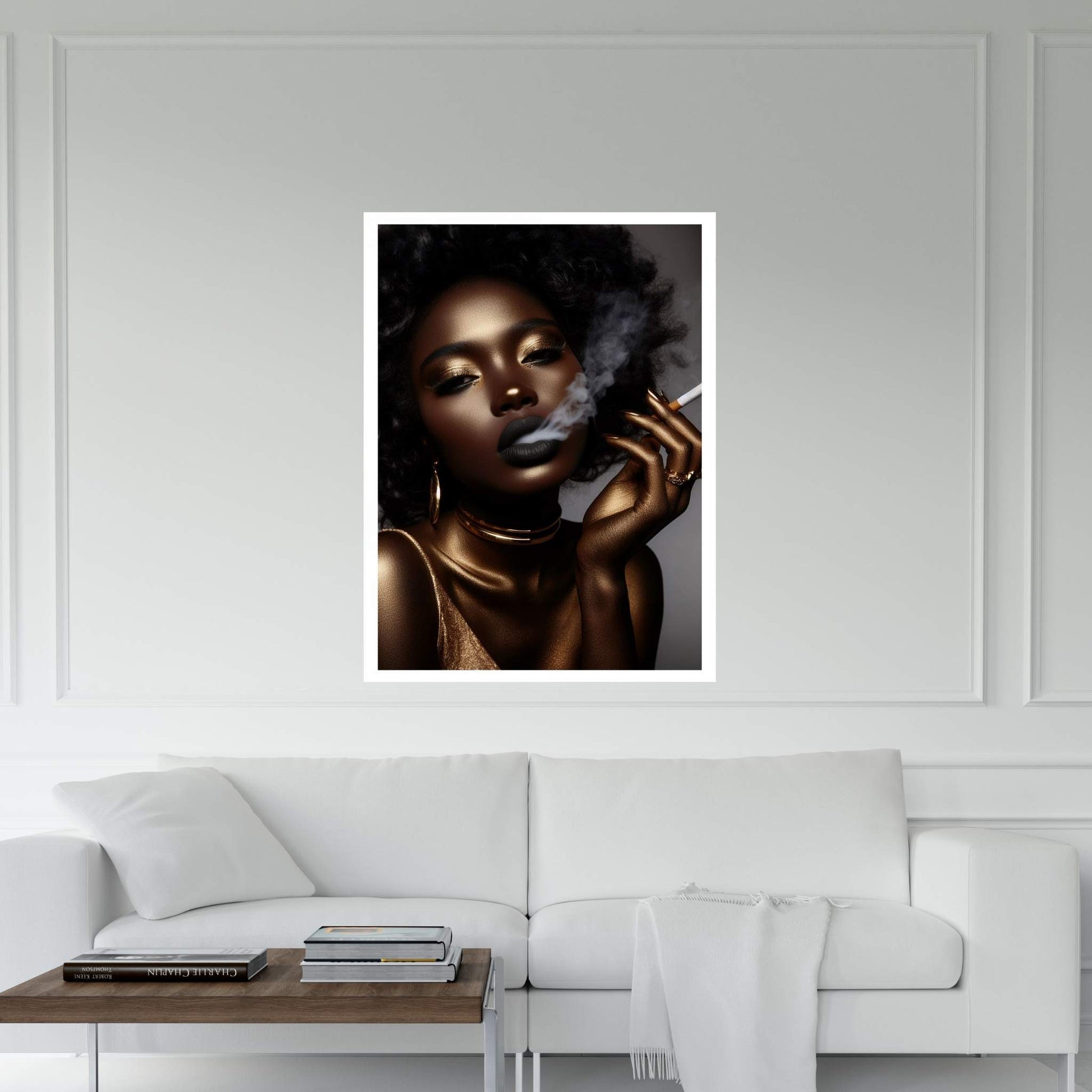 African Black Woman Gold Make-up Smoke Canvas Portrait Canvas Wall Art - Y Canvas