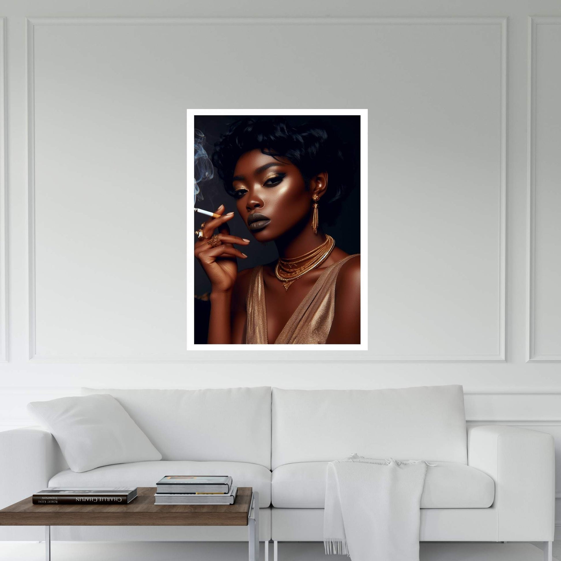 African Black Woman Gold Make-up Smoke Canvas Portrait Canvas Wall Art - Y Canvas