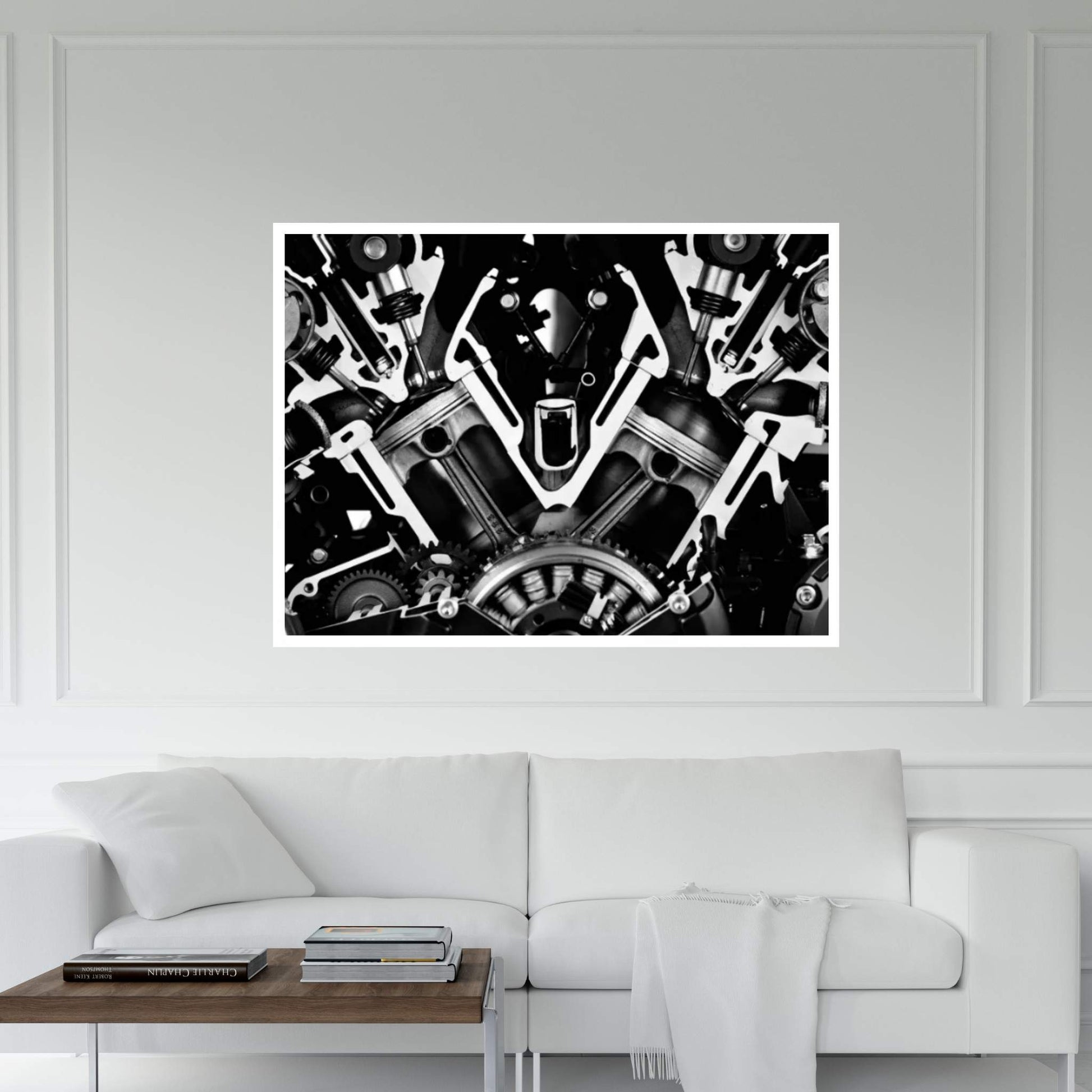 Car Engine Front Grayscale Canvas Wall Art - Y Canvas