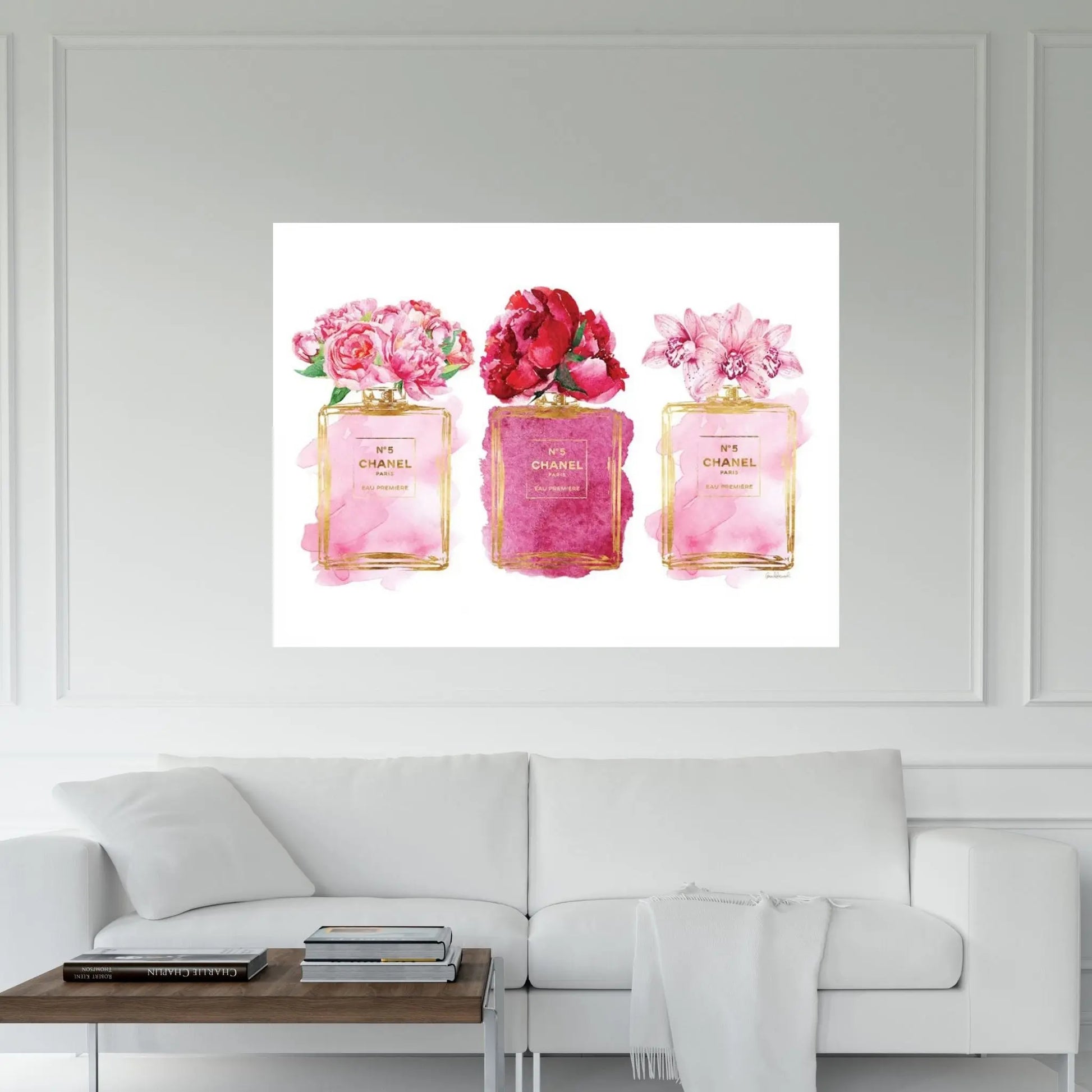 Three Perfume Bottles In Pink Canvas Wall Art - Y Canvas