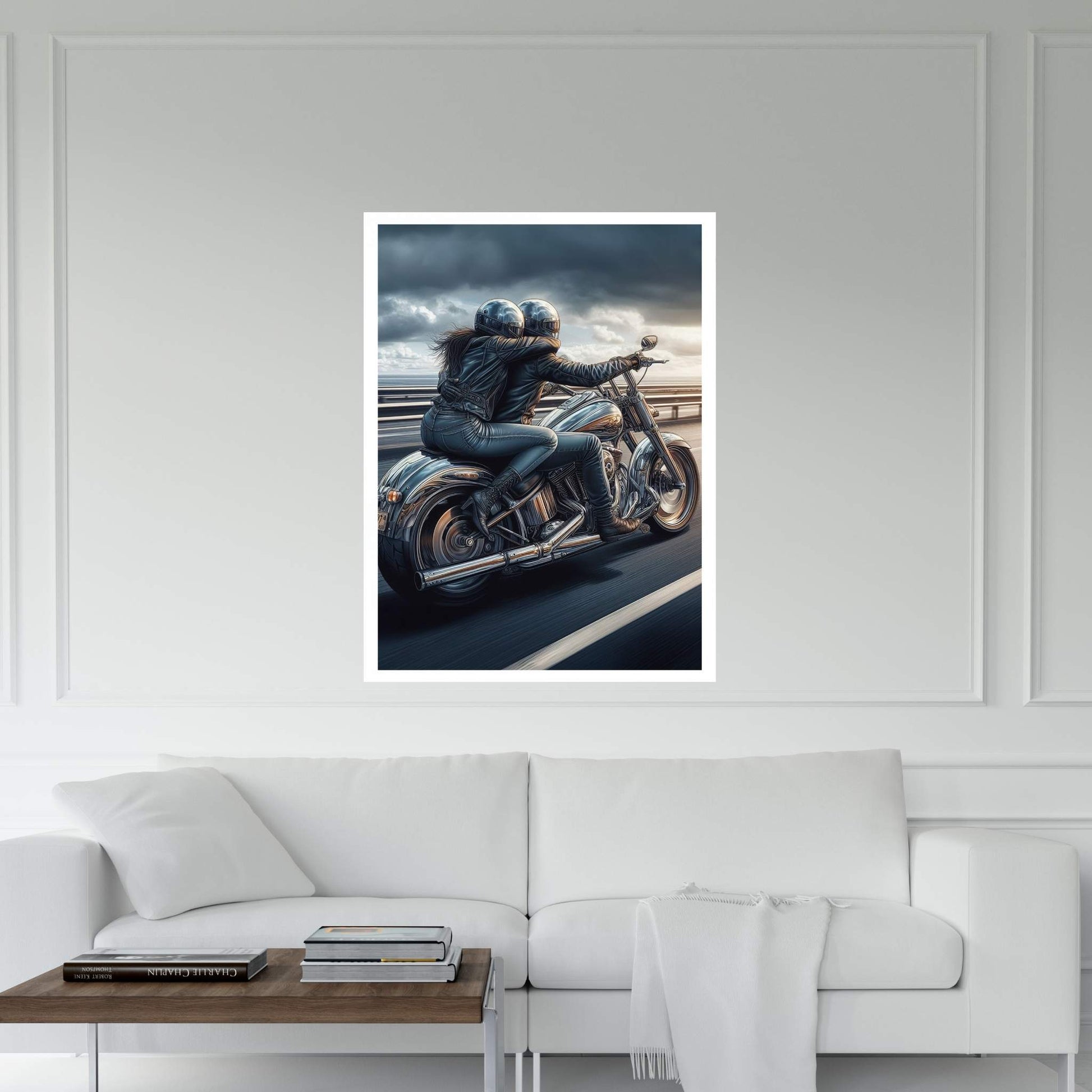 Metallic Couple Eiding A Motorcycle Canvas Wall Art - Y Canvas