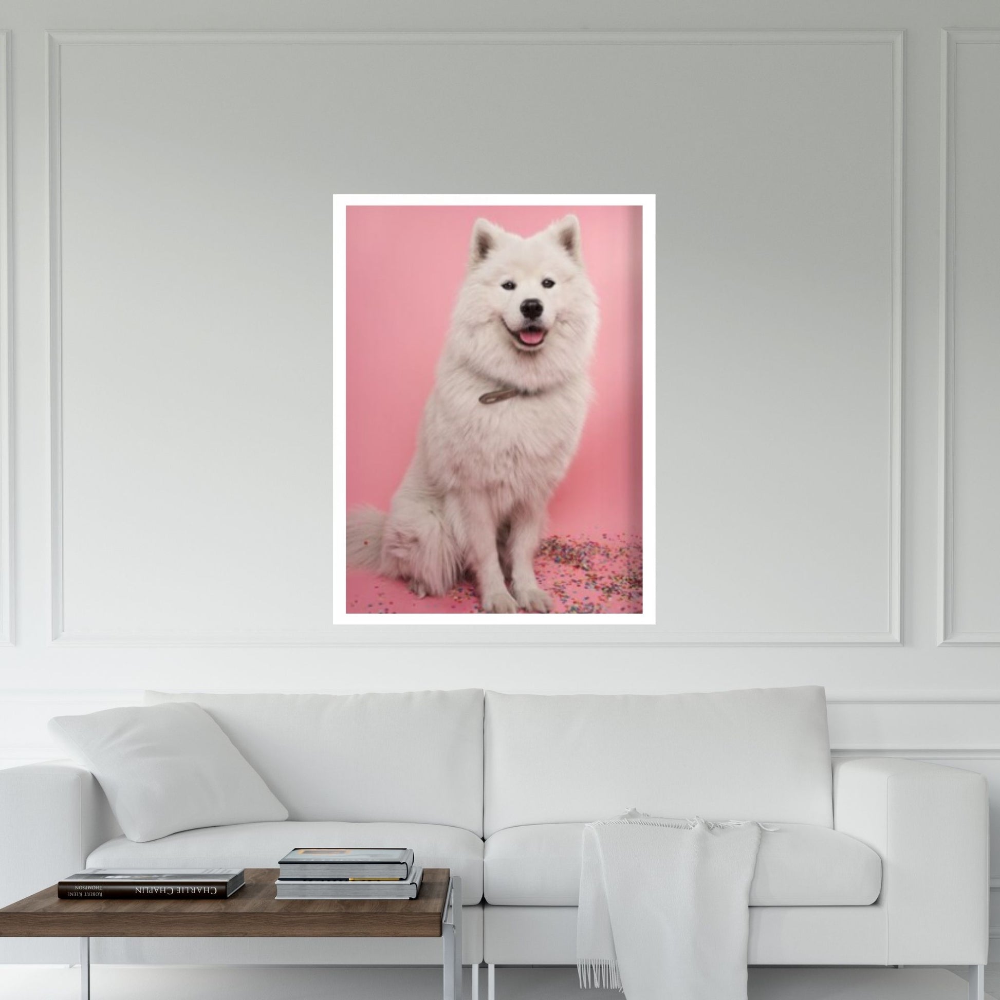 White Long Coat Dog Canvas Print Wall Art Fanny Retro Vintage Art - Y Canvas