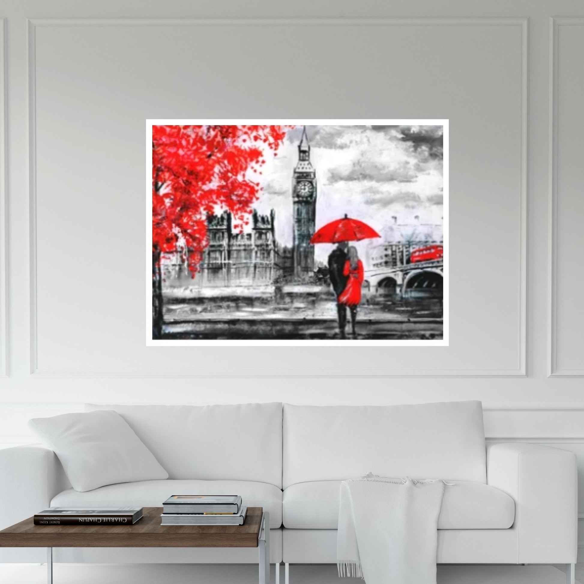 England Bridge illustration Man and woman under red umbrella photo, London street Oil painting - Y Canvas