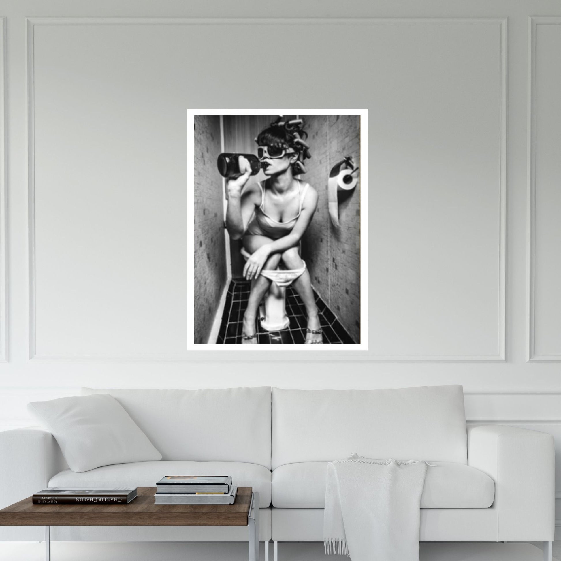 Bathroom Drink Canvas Wall Art Poster,Humor Restroom Photo Print Modern, Black and White Bathroom Woman Drinking on the Toilet - Y Canvas