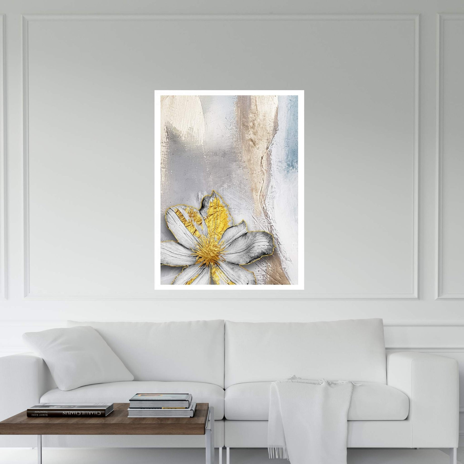 White Flower with Gold Detail Modern Abstract Canvas Wall Art - Y Canvas