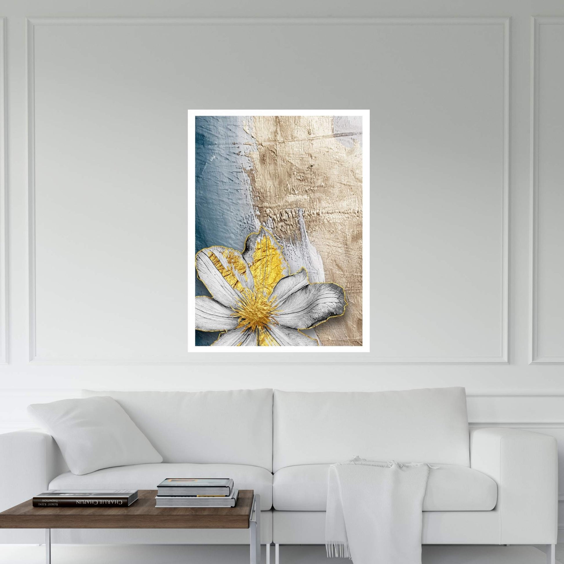 White Flower with Gold Detail Modern Abstract Canvas Wall Art - Y Canvas