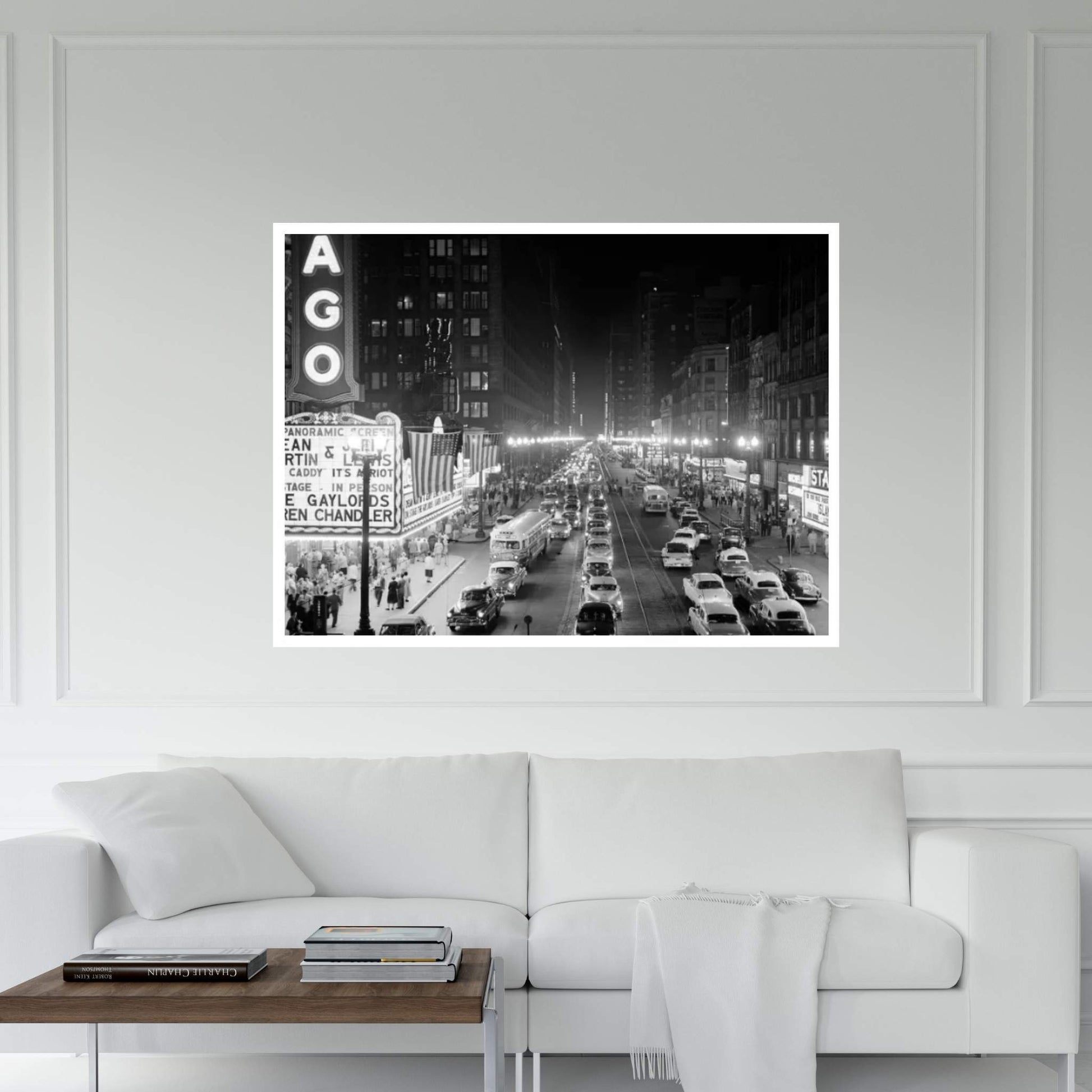 1953 Night Scene Of Chicago State Street With Traffic And Movie Marquee With Pedestrians On The Sidewalks Canvas Wall Art - Y Canvas