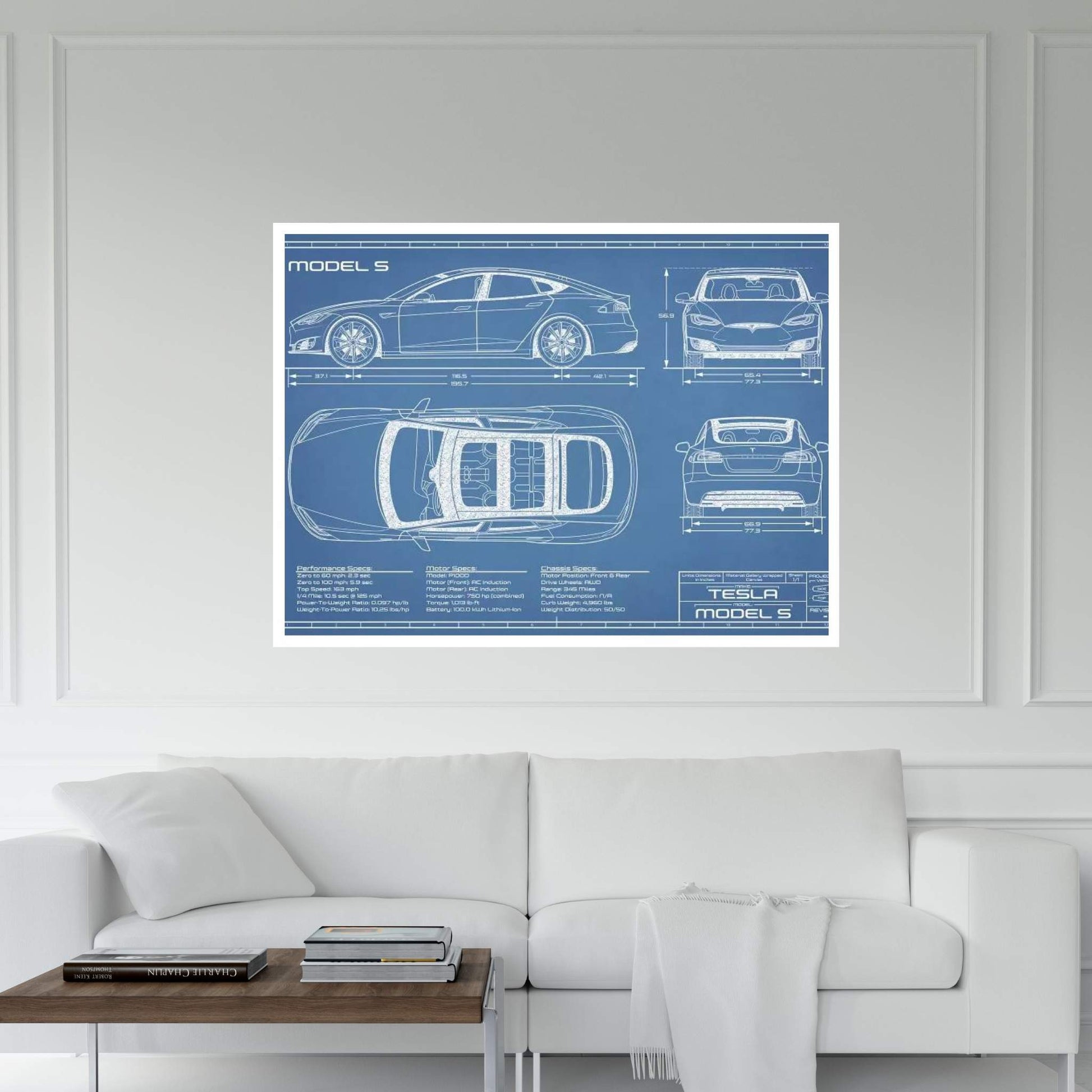 Tesla Model S (2016-2020) | Blueprint Canvas Wall Art - Y Canvas