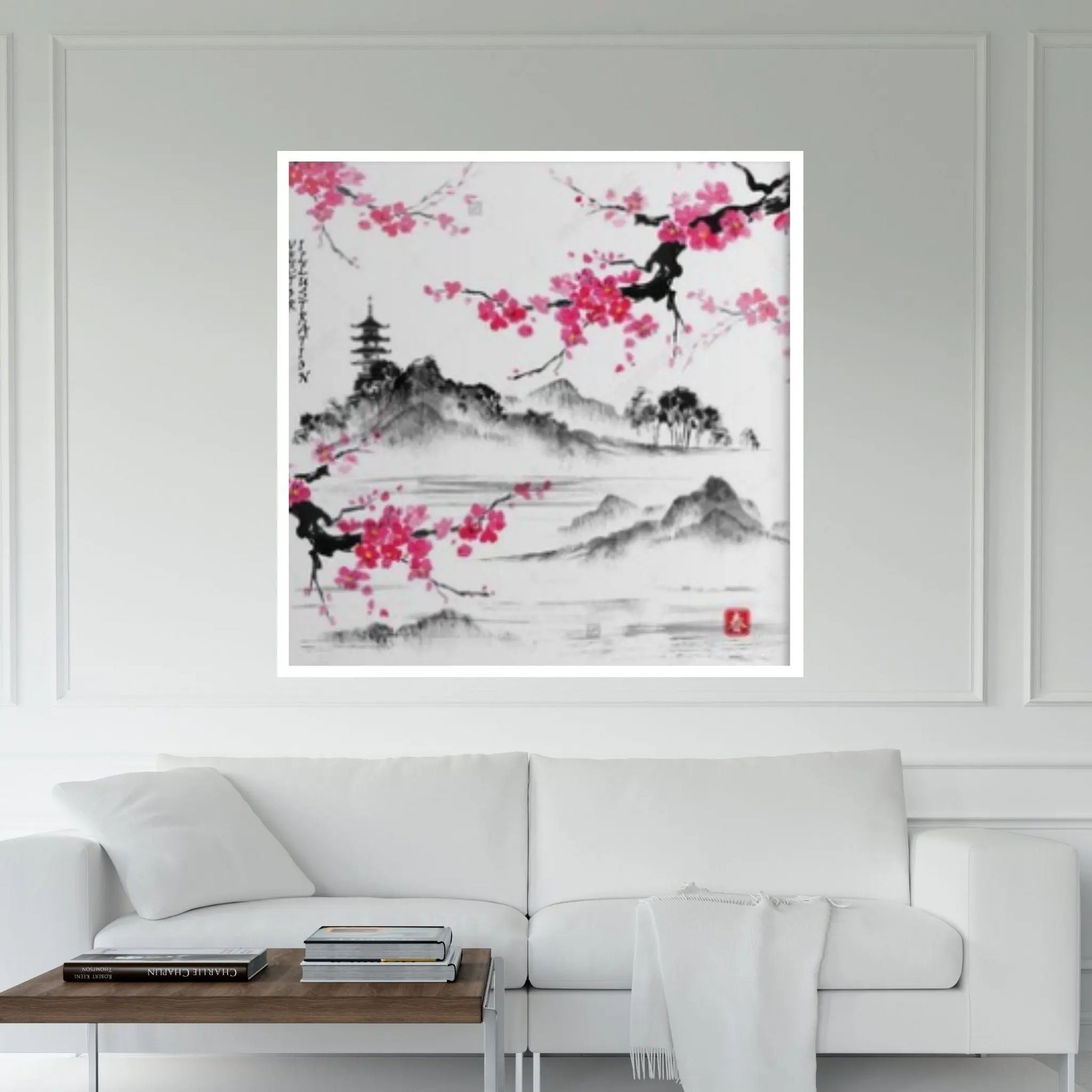 Japanese Landscape with sakura branches, Vector illustration. Hieroglyph Canvas Wall Art - Y Canvas